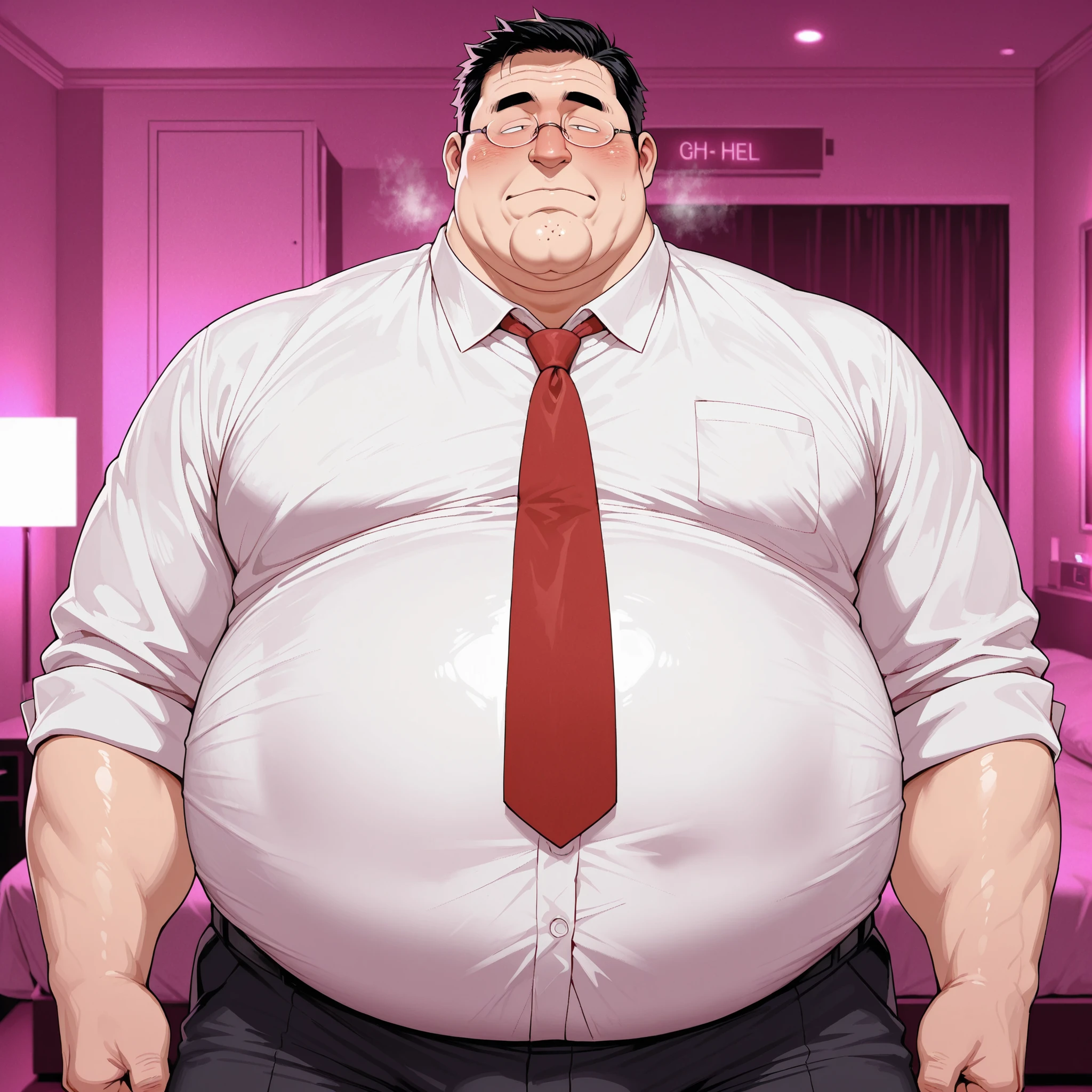 obese guy,male focus,solo,cowboy shot ,(rimless glasses:0.5),black short hair,cleft chin,japanese ,narrow eyes,teacher,(long nose:0.5),love hotel room,in heat,red tie,big stomach,dress shirt,look at viewer,ugly,square face
