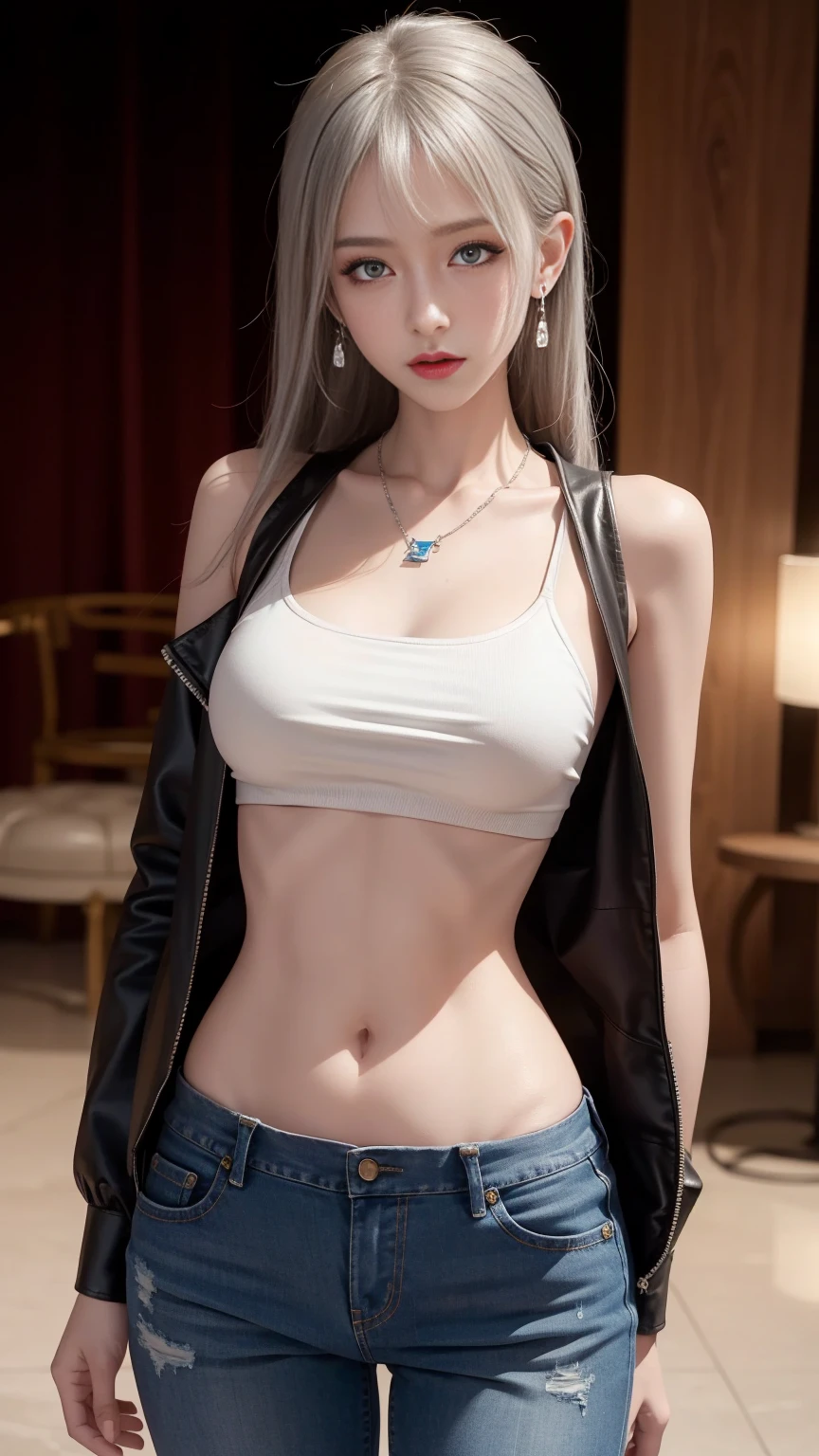 of the highest quality、Better image quality、Masterpiece, (animated style),beautiful lighting, One piece,Yamato，Yamato， film grain, ((average chest, slender girl)), Yamato, wide, 1 girl, horn, gray hair, Alone, they are, 赤いhorn, 巻きhorn, Hair ornaments, (多色のhorn), jewelry, earrings, kimono, kimono, Fork, sleeveless, Exposing shoulders, aquamarine hair, side lock, hoop earrings, in the same way, SMILE, large SMILE, ((orange eyes, slender girl)), big breasts , pose sexy, long legs, white , fascinating pose, Leaning forward, , return shot, neckline, In the hot springs at night、