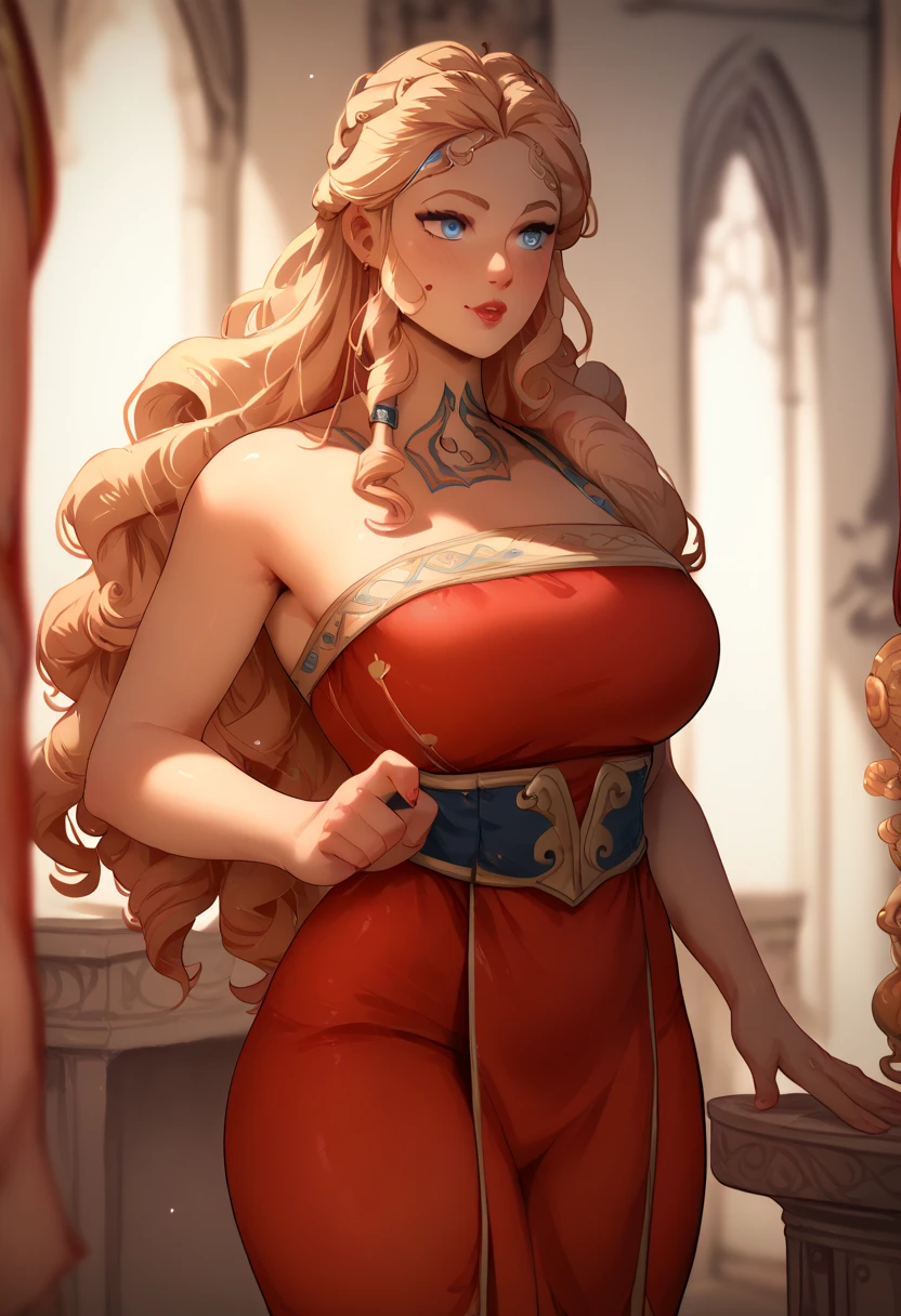 masterpiece, best quality, amazing quality, 
elean0r, blonde hair, updo, blue eyes, flower crown, red and purple gown, purple detached sleeves, gold chain belt
, 1girl, cowboy shot, looking at viewer, smile, top pull, bare breasts, nipples
, solo
<lora:StoreFront8Il:1> stfr8il <lora:eleanorIL:0.75>