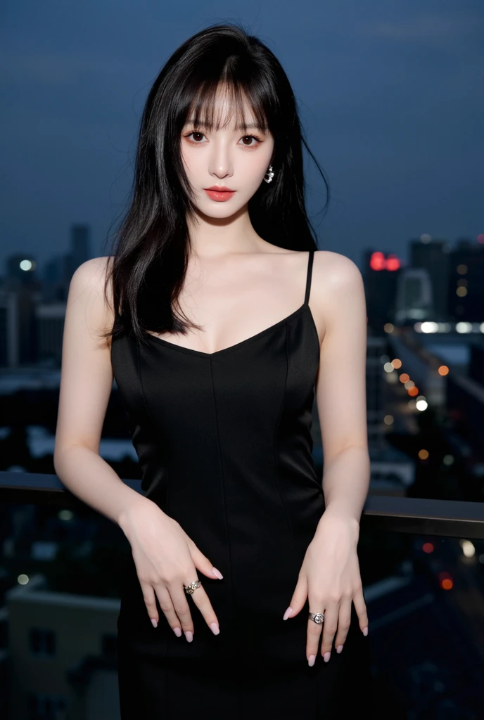 Beautiful woman wearing a hitam and dark blue Wearing swag style clothes mini dress with decorations on the shirt and visible shoulders and wearing boots and being photographed with a background And he was in the factory yard ,Korean style swag, beautiful face so gorgeous, Beautiful eyes, y2k style, 