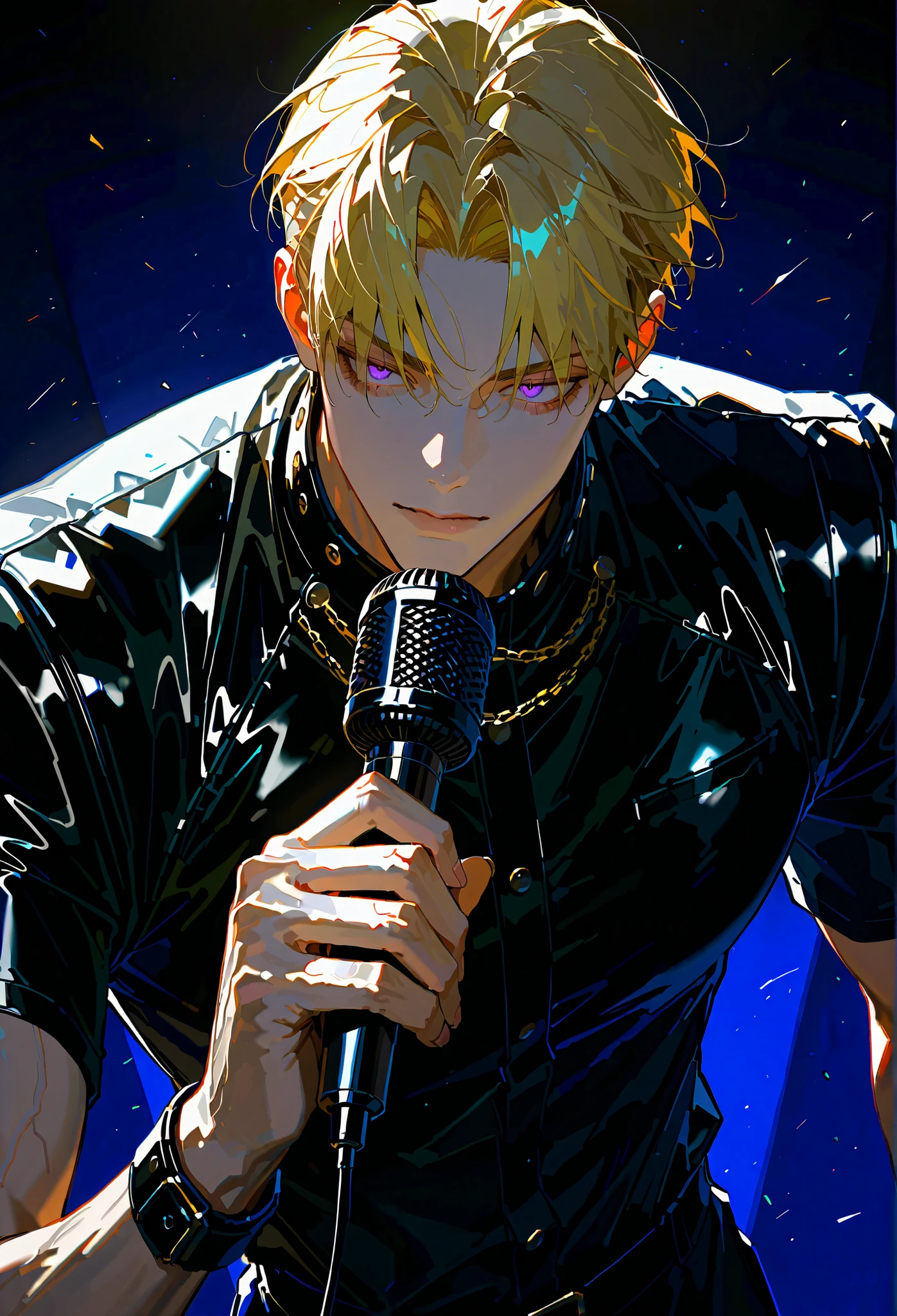 Dio brando, jojo's bizzare adventure, vampire suit, dio from stardust crusaders, singing, grey hat, microphone, eyes close, green, grey, yellow, black, fnaf office background, fnaf stage, HD, 80's, 90's,