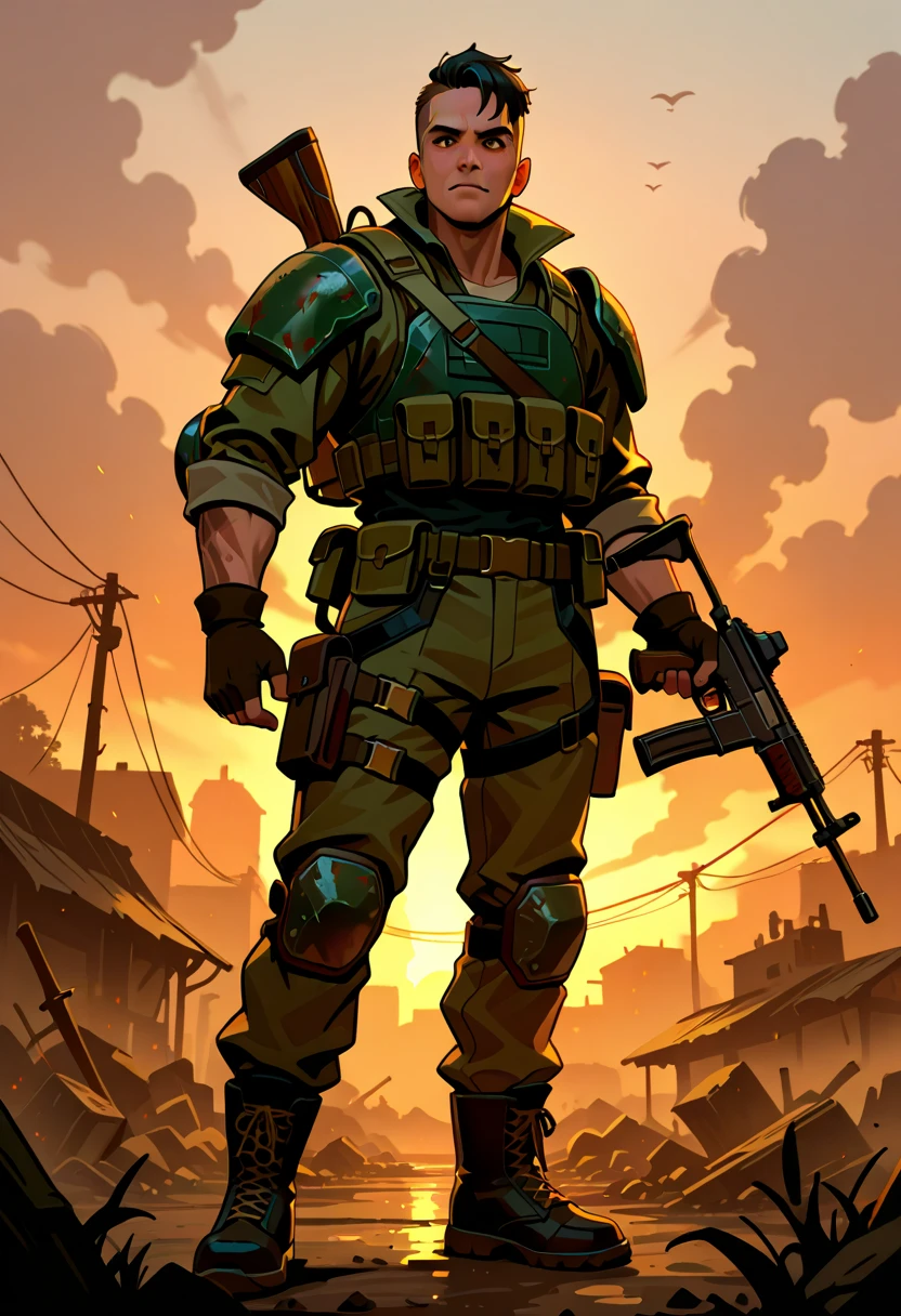 Highest accuracy，Muscular man in camouflage pants，Stand on the side，Lower body ，Lower body details，Thick pubic hair，Handsome face，Short white hair，There are heavy machine guns in hand，The background is a broken city，The background is rich in detail，Wasteland wind