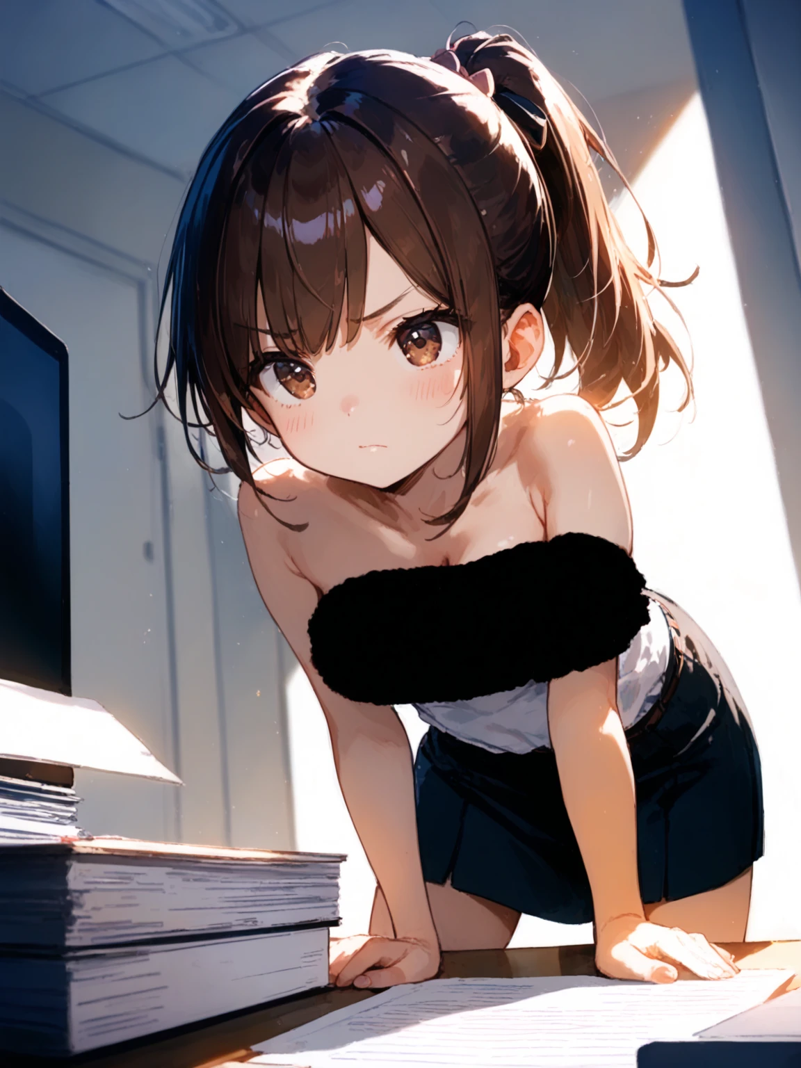 NSFW ４ｋqulity, top-quality　Misaka_mikoto, Brown-eyed, Short_hair, A slender(((Super small breasts Muscular breasts)))++ 　Sit on a chair in the room　Inside the schoolgirl's room　　Cute camisole　 Undressed、Naked、exhibitionist exposing naked chest、Chest Small Size、Exposing thighs、genitals visible in crotch、chest is not covered、[[Open legs、Spread your legs apart]]、dynamicposes、pov from down ，　１６age　Mass sweat　KISSING A MAN