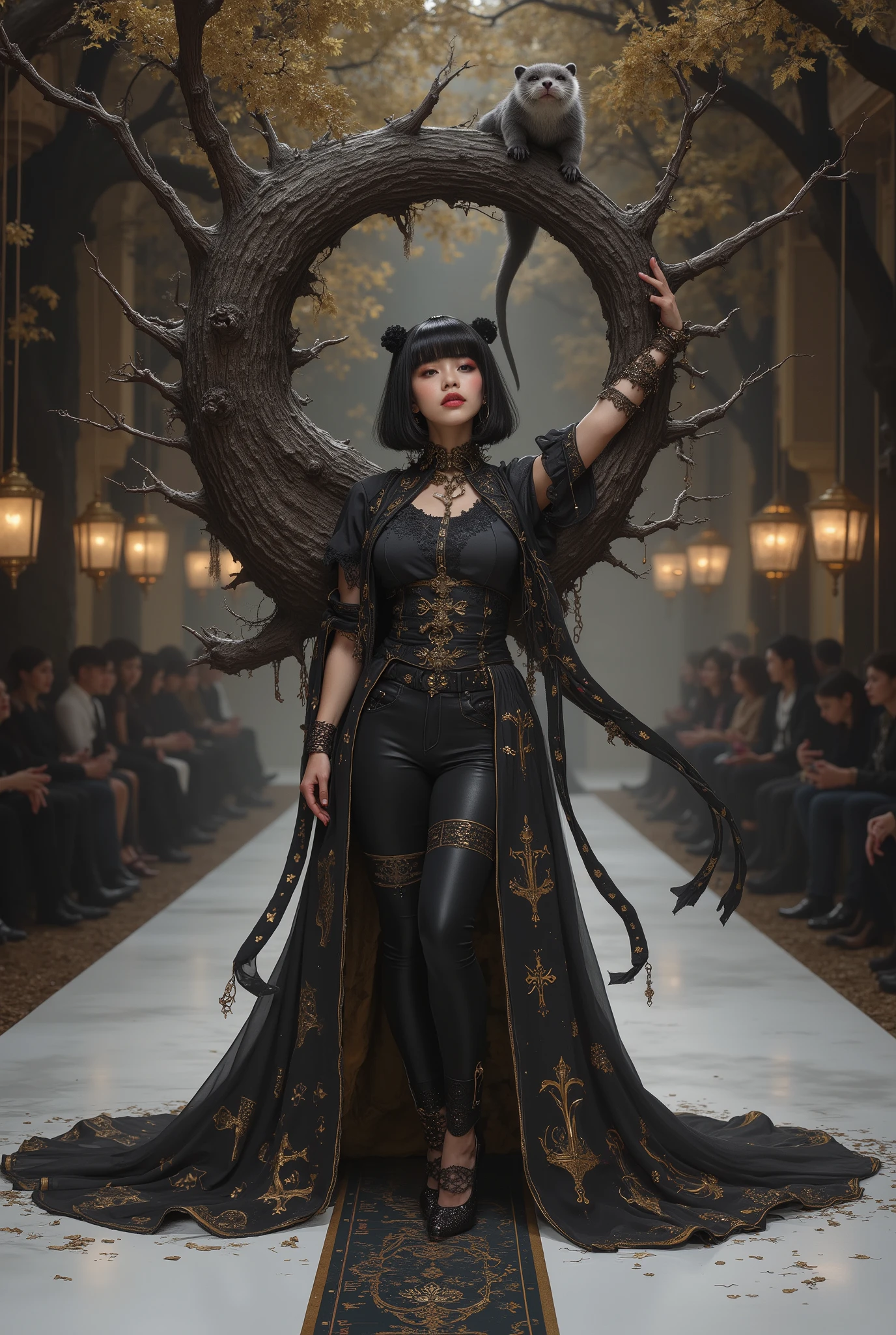 fashion model turning her arms around a tree、 runway、Face here and stand up and pose、Outstanding smile 、Oriental beauty wearing a black t-shirt {x} short black bob with bangs、Short-clawed otter riding on shoulders、highest quality、The background is a fashion show venue、skinny jeans、decorate with gothic accessories