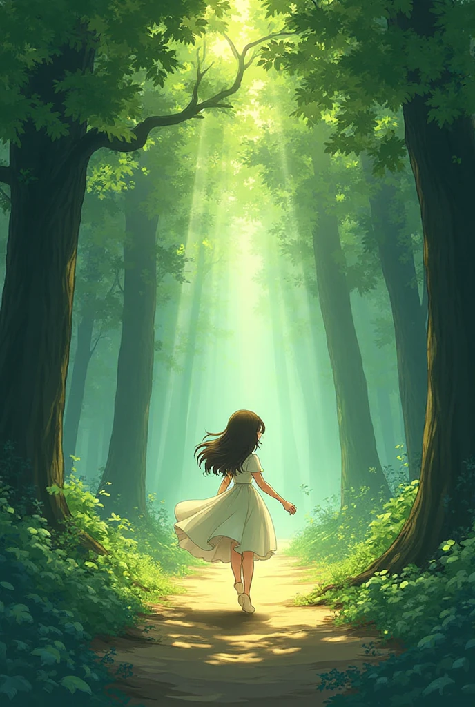 A young woman in a flowing dress walks through a sun-dappled forest ...