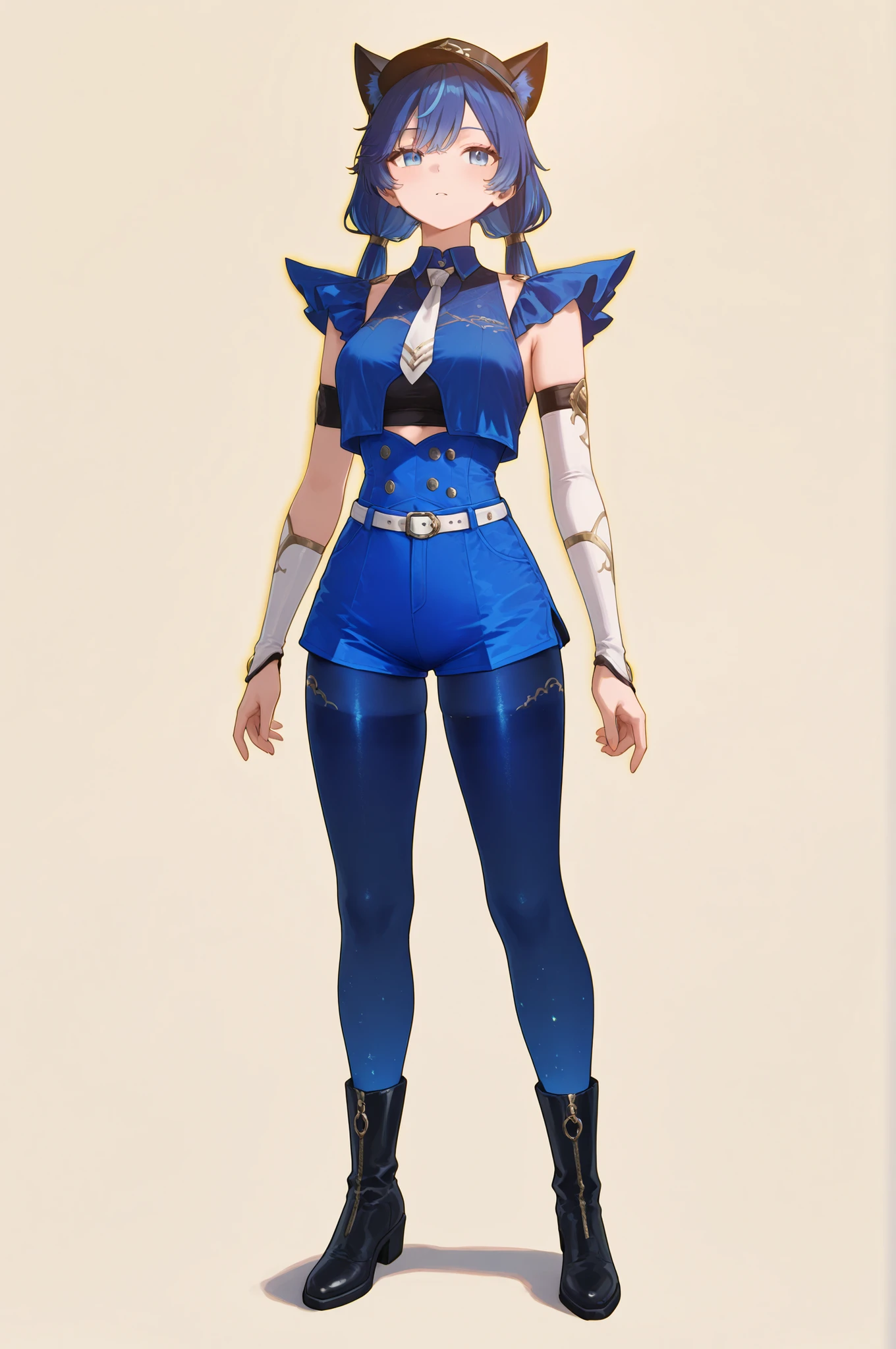 Luno, twintails, blue hair, blue eyes, wearing a black wide-brim hat with black cat ears and red tassels . She wears a black sleeveless crop top with a black-and-white striped necktie , loose red detached sleeves with puffed upper arms , high-waisted black shorts with bright red fantasy patterns on both legs , She has a white belt with a silver buckle . Her legs are bare from thigh to mid-thigh , wearing black thigh-high boots, colored outline, glowing,