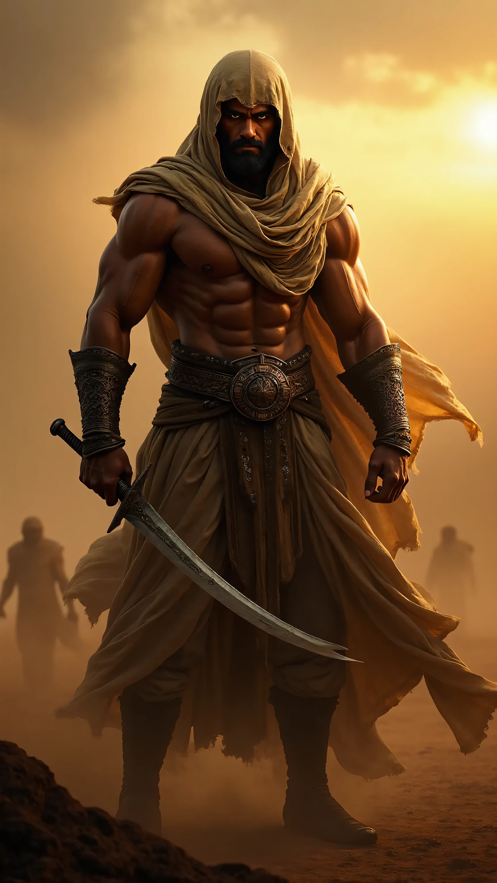 A powerful Arabian warrior with a muscular build, wearing traditional ...