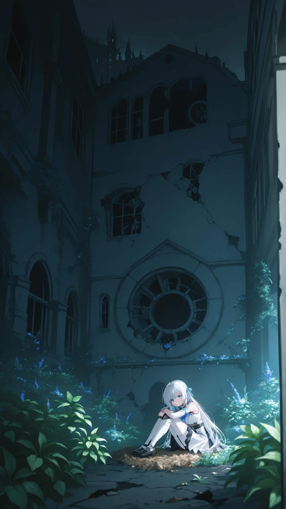 Abandoned Castle Garden、bright light、lots of plants、(Vivid Flowers々)，sits with both legs thrown out，Broken girl-like android that seems to be buried in trees and flowers，close-up
