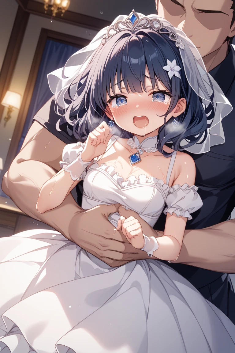 nsfw,uncensored,(super fine illustration,8K CG wallpaper,best quality,extremely detailed,ultra high res,best aesthetic),(cowboy shot,from front),1girl ,idolmaster, ((yukimi sajou)), (12yo,beautiful girl),((((beautiful dark orange eyes)))),(((beautiful dark blue hair))), (((midium straight hair)))),(((Blunt bangs))),(wet skin),(sweat),(steam),((flat chests,very small breasts)),((mini)),(petit)),(gorgeous wedding dress:1.5),(wedding veil, white corset, white lace legwear, , white wedding grove:1.3), ,(open clothes),(wet clothes),(first round),half-closed eyes, , O-face, blush cheeks, arched back, ( :1.2), (a Faceless male), ,(((carrying sex))),hetero, man in below, (intense :1.7), ( out:1.2),(red carpet),(((multiple boys, peeing on a girl,multiple , , holding penis))),((ecstasy torogao, saliva trail, nose blush,one eye closed,out tongue)),cleavage of the breast,happy,((smile:1.9),(( on body:1.9)),(( on face:1.9)),(( on hair:1.9)),(,  in mouths:1.1),(vulgarity),((wedding chapel:1.5)), (indoor, church, many stained glass window),look at viewer,
