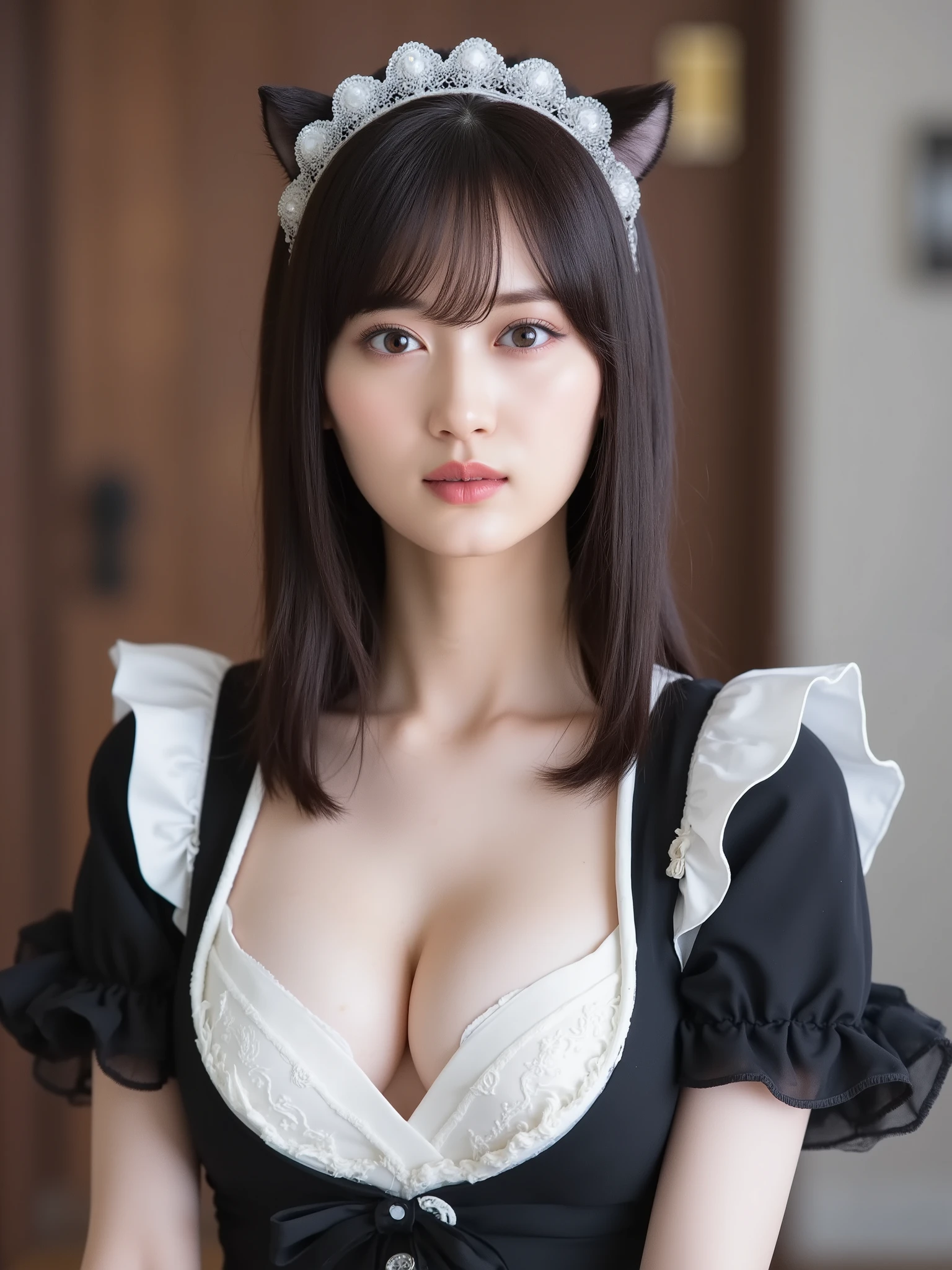 Maid Dress, Cat's Ear, Black Long Hair, score_9, score_8_Up, score_7_Up, masterpiece,Best Quality, Extra Large Breasts, Full Body, skirt, Slender figure, open chest, big cleavage