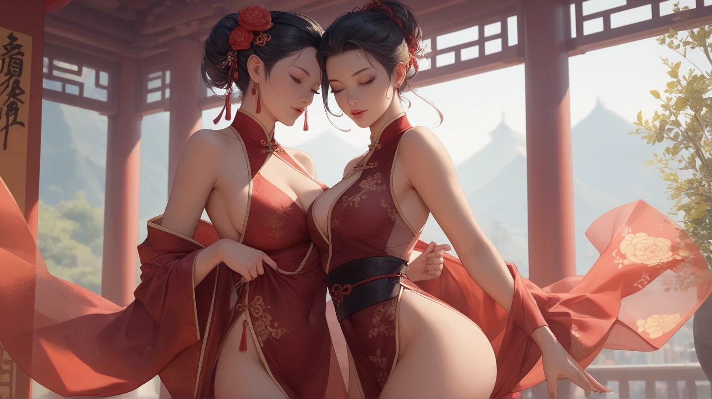 Highly detailed CG unit 8k wallpaper, masterpiece, High resolution, highest quality, highest quality real texture skin, Super Real, Digital Painting, Best image quality, 最High resolution, 8k, ((Highly detailed eyes and face)), Beautiful eyes every detail, Full Body Shot, , Accentuate your , chinese style embroidery, china dress, slit, Thighs, ((disproportionate , , sagging , Cleavage, , Saggy , Gravity-dependent , long , Heavy ,  )), smile, grin, ((Diao Chan, Three Kingdoms)), , , Light peach, Light purple, white,