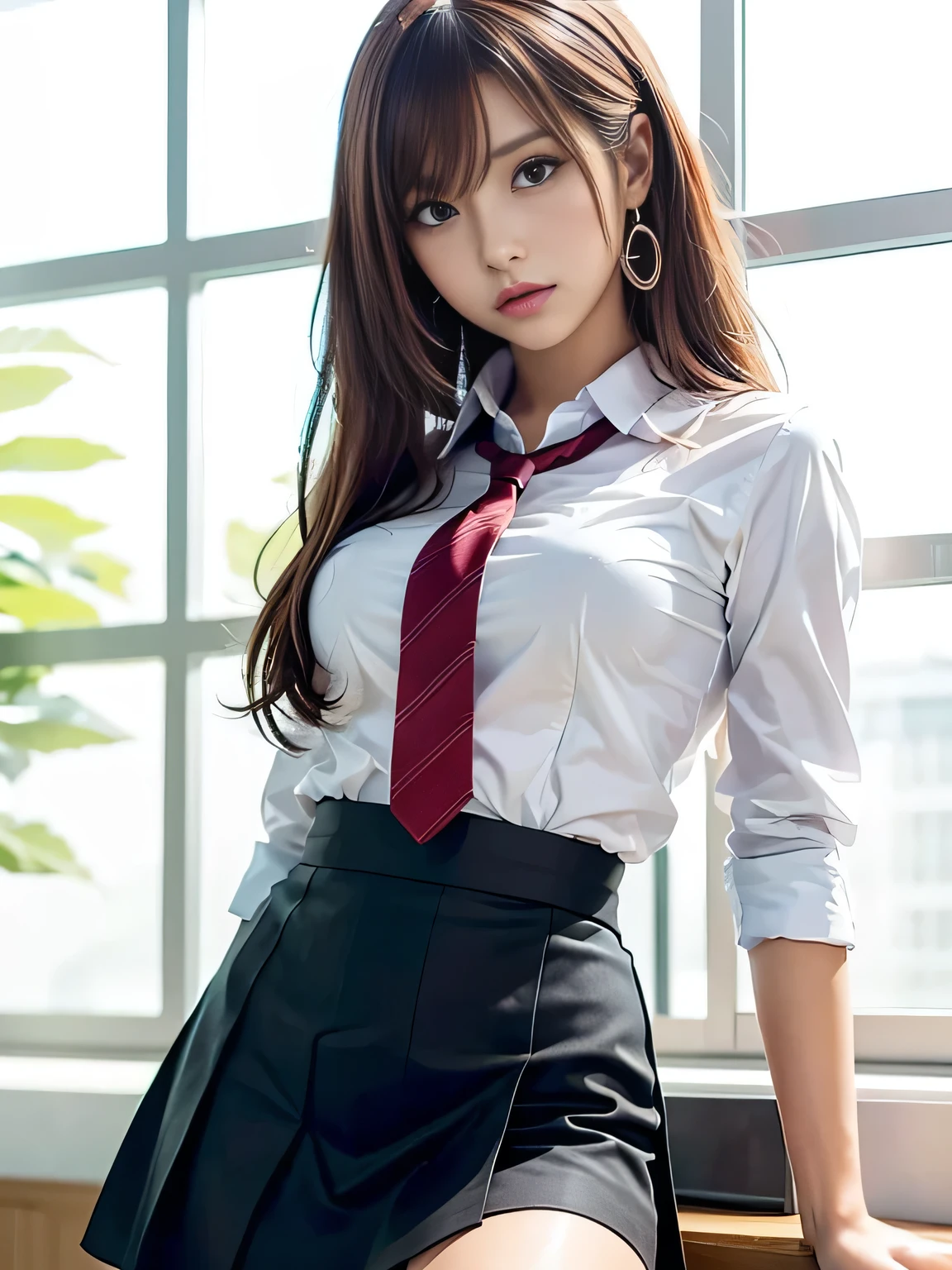 Woman in short skirt and tie sitting on window sill, Cute Schoolgirl, a hyperrealistic schoolgirl, a hyperrealistic schoolgirl, thighhighs and skirt, School Girl, wearing skirt and high socks, wearing skirt, with backdrop of natural light, Wearing school uniform, High school girl posing、Medium bob hair、