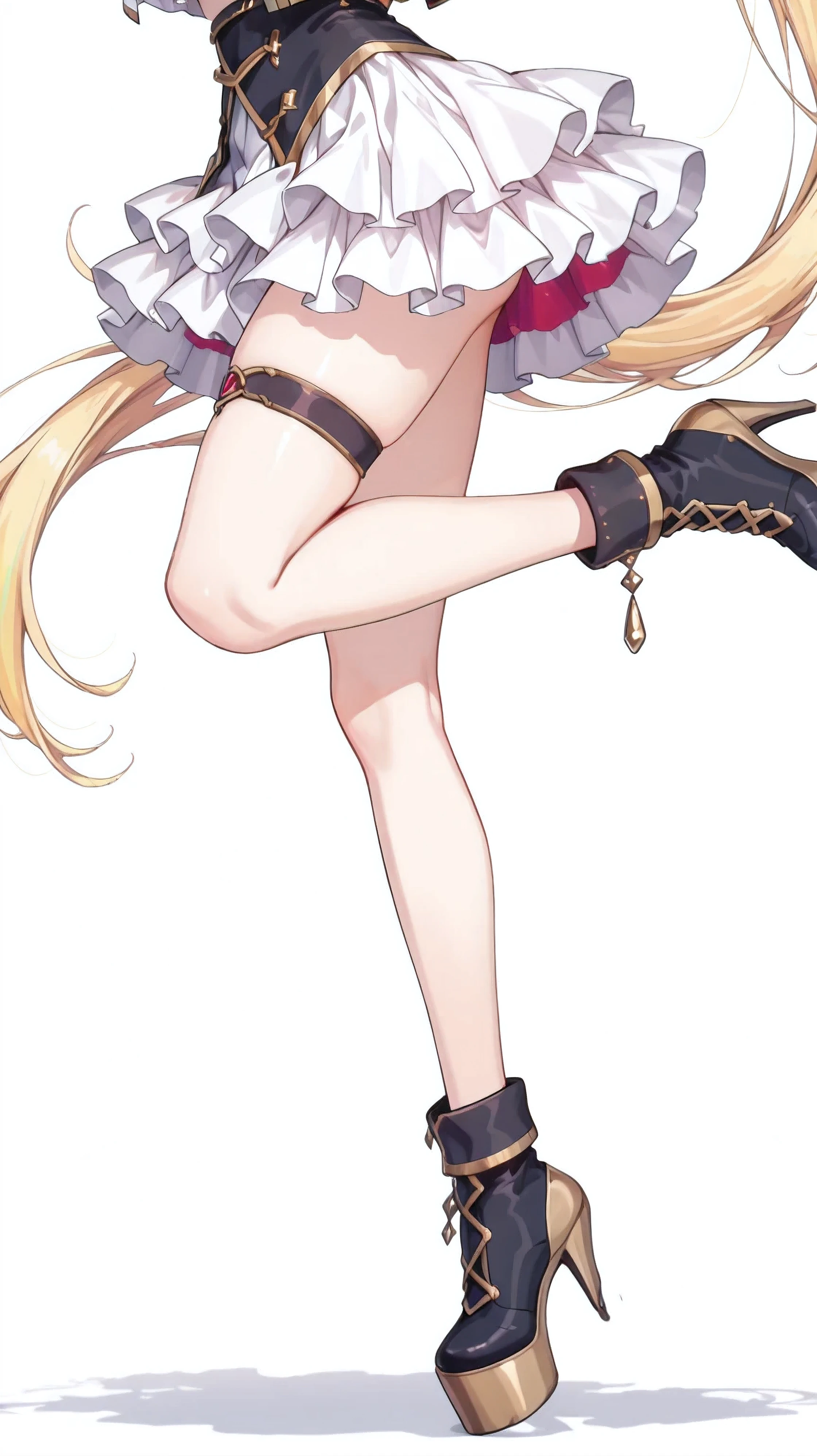 nijisaracos,white shirt,frills shirt,shirt overhang,sleeveless,black vest,crop top vest,open vest,aiguillette,gold trim,white bow,yellow brooch,high-waist skirt,white skirt,frilled skirt,layered skirt,single thigh strap,fur-trimmed gloves,,nijisara,large breasts,heterochromia,red eye,yellow eye,blonde hair,long hair,side ponytail,ahoge,hair ribbon,x hair ornament,,