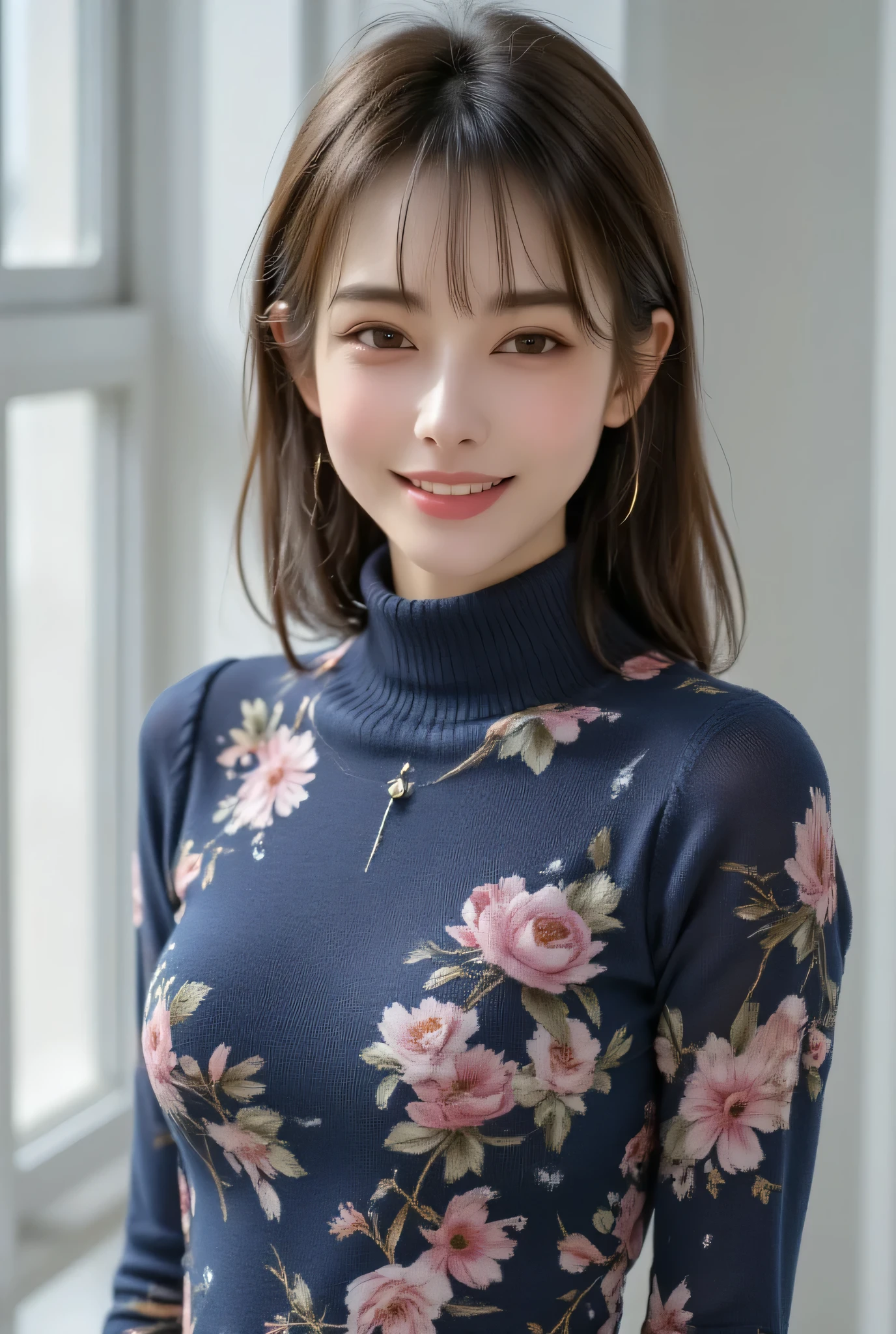 A beautiful sophisticated Japanese woman in her 40s, wrapped in a floral navy blue turtleneck knit with cashmere-like softness. The premium knit fabric elegantly embraces her voluptuous yet refined bust, creating smooth curves from the stylish high neck to the hem. A delicately tight skirt, sitting15 centimeters above the knee, sensually accentuates her slender legs' silhouette. her beautiful face adds a sensual charm to her expression. She gazes directly at the camera with clear dark brown eyes, wearing an intelligent and warm smile. Her glossy black hair is pulled back into a refined ponytail, highlighting the beautiful line of her neck. Captured in a sophisticated space with glossy white walls, bathed in natural sunlight, this shot perfectly encapsulates the charm of a mature woman.