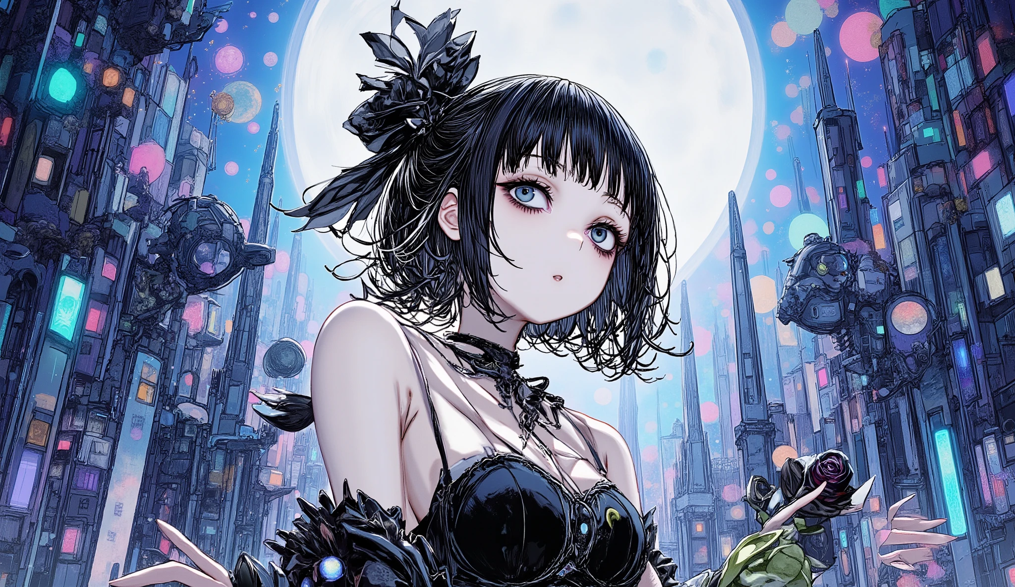 Beautiful anime girl in a dark velvet dress, holding a single black rose, cemetery background with old crosses, full moon behind her, mysterious and melancholic aura, upper body focus, intricate details, gothic fantasy art