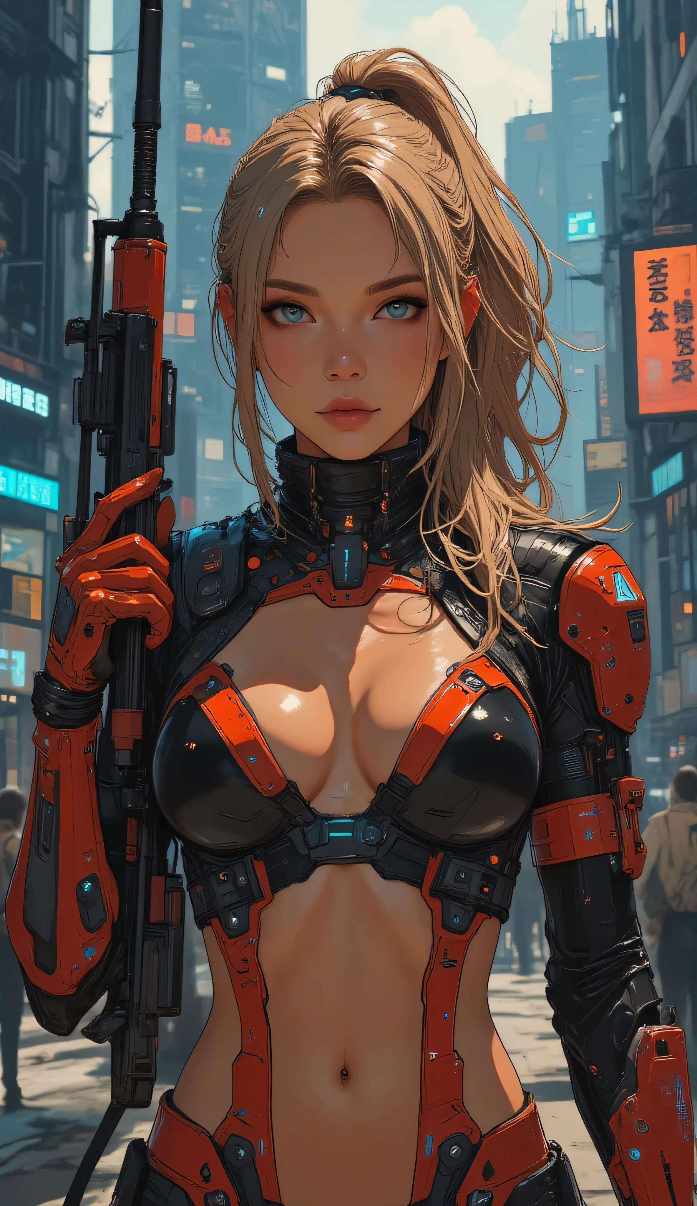  Score_9, score_8_up, score_7_up, ((highest quality)), ((masterpiece)), Perfect Face, (High definition), (Best Shadow), 8k, cinematic. Close-up view. 4K quality, digital drawing mode, futuristic cyber warrior-themed female character, long blonde hair tied in a sleek ponytail, glowing blue cyber-enhanced eyes, wearing a black and red armored mini bodysuit completly open on the front, with energy circuits running through it, holding a glowing rifle with holographic runes, standing in a futuristic cityscape with towering skyscrapers in the background, radiant skin, determined and focused expression, full body, dynamic pose as she charges forward with her katana, life size, perfect anatomy, detailed skin texture, full HD, 4K, HDR, perfect anatomy, depth of field.