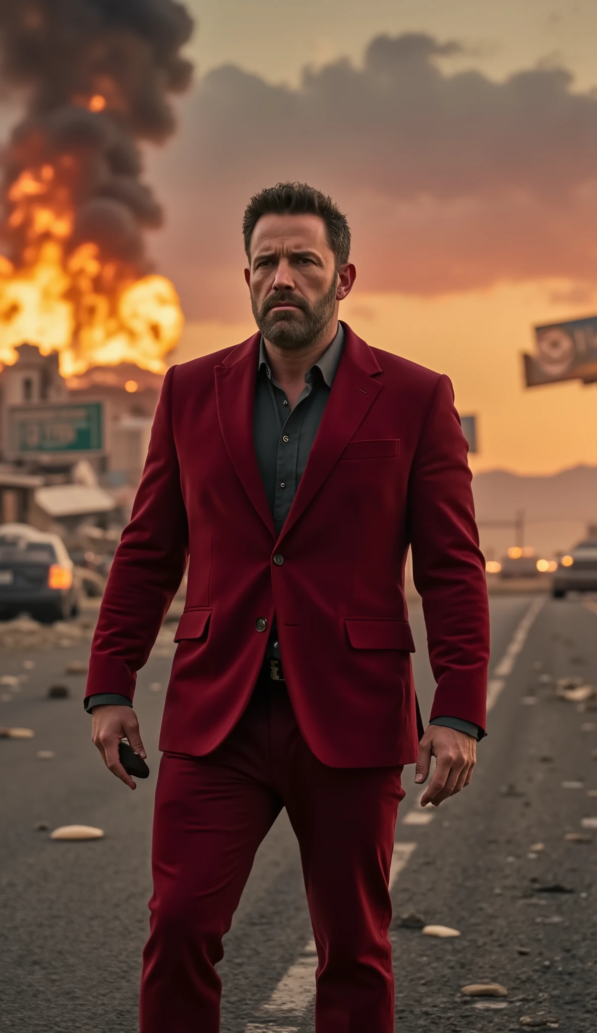 Ben Affleck wearing a modern red suit, standing confidently amid a destroyed city with ruins and burning debris. Glowing embers fly through the air under a dark sky with orange reflections, creating a cinematic, realistic devastation. Background shifts to an endless desert highway at sunset, with glowing heat haze, abandoned cars on the side, and flickering neon signs, adding a cinematic, photorealistic vibe. Hyper-realistic, life-like textures, dramatic lighting, depth of field, cinematic composition, photorealistic 8K.
Detalhes importantes para manter o realismo e a dramaticidade:
Terno vermelho moderno com detalhes nítidos, dobraduras naturais e tecido realista.
Cenário de destruição com escombros detalhados, fumaça e brasas brilhando.
Céu escuro com tons laranja refletidos no ambiente, luz difusa dramática.
Estrada deserta ao pôr do sol com efeito de calor (heat haze) e reflexos sutis em carros abandonados.
Neon piscando com leve flare, iluminação complementar que destaca o personagem.
Foco na atmosfera cinematográfica, realismo extremo, sem exageros de estilo cartoon ou fantasia.