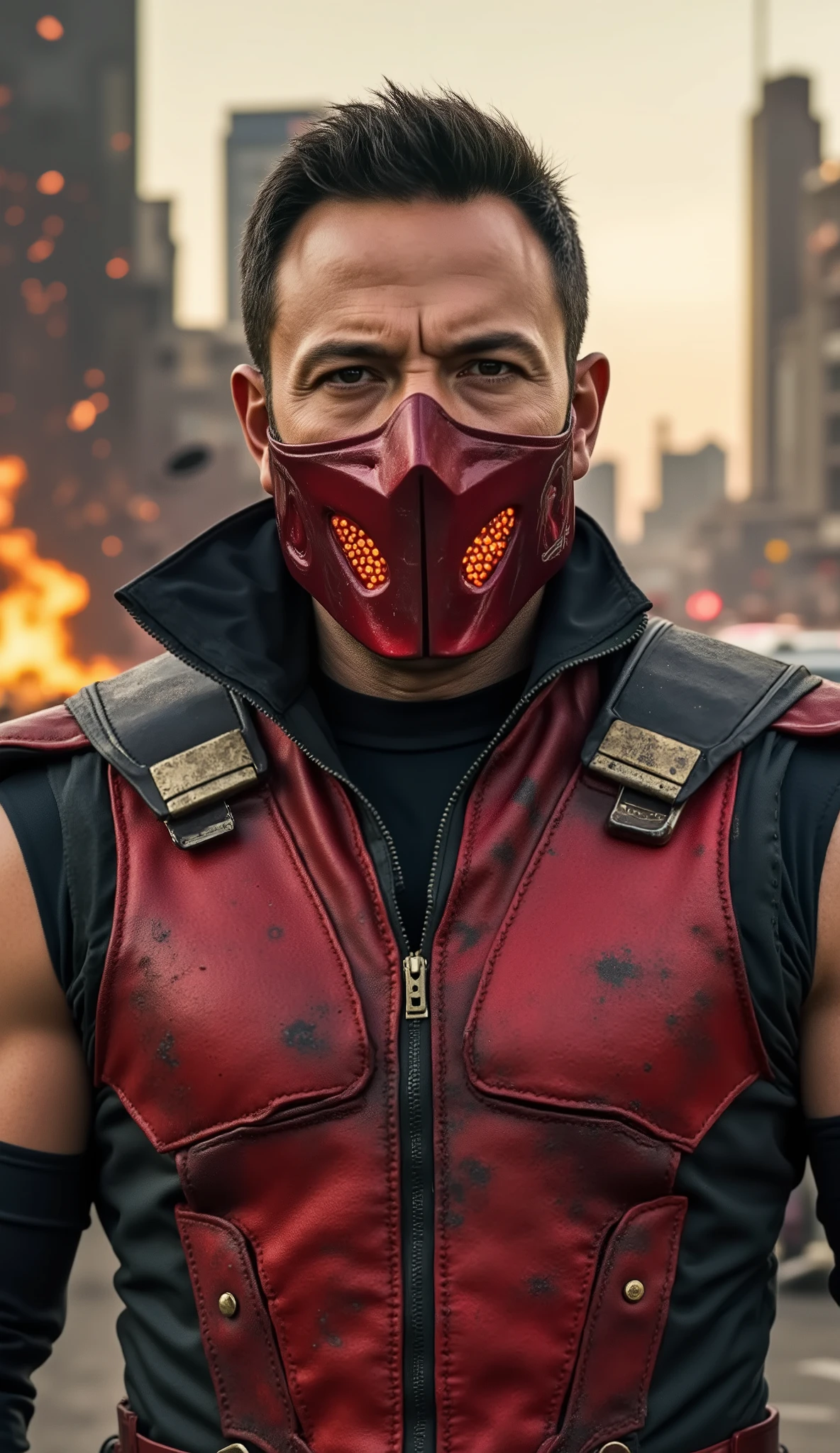 Ultra realistic, photorealistic 8K medium shot of Ben Affleck as Ermac from Mortal Kombat, wearing a modern red armored outfit with intricate metallic details, red metal mask covering only his mouth, glowing red accents on armor, battle-worn scratches on chestplate, cinematic lighting emphasizing his stern expression, subtle dust particles in the air.
Scenario Option 1: destroyed city ruins with burning debris, glowing embers flying in the air, dark sky with orange reflections, collapsed skyscrapers in the background, smoke haze and cinematic devastation atmosphere.
Scenario Option 2: endless desert highway at sunset, glowing heat haze rising from asphalt, abandoned cars on the roadside, broken neon signs flickering in the distance, cinematic framing with warm orange light casting long shadows.