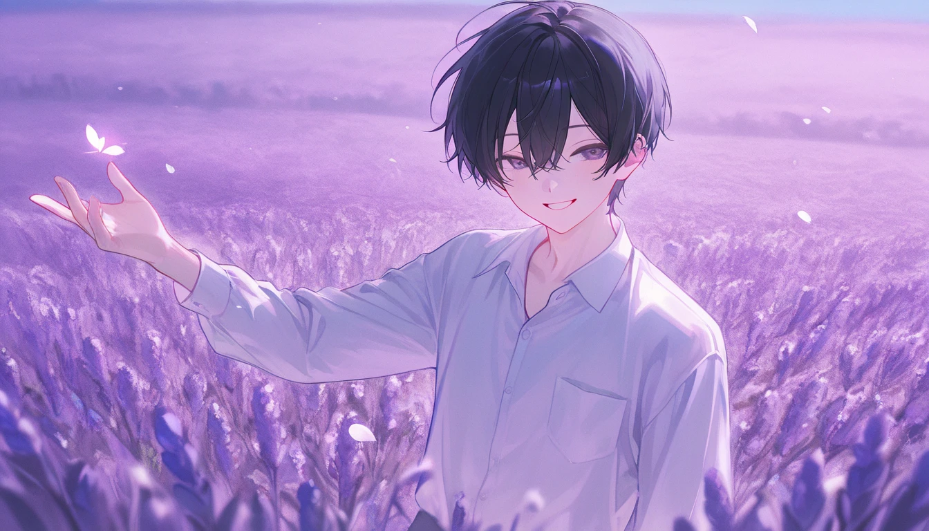 masterpiece,best quality,high quality,(1 male austere good-looking man solo adult age 30: 1.5), purple eyes, cool with suspended eyes, V-shaped eyebrows, body strong and fearless 8.5 head tall, height 185 cm, (well-groomed black short hair down to neck: 1.4), (bangs split into seven thirds: 1.4), slender nose, expression lines, throat, (shirt and black trousers: 1.3), (hand on face), (standing), (stylish pose), (melancholy expression: 1.3), (background hydrangea garden: 1.3), (night rain: 1.3), (upper body:1.3)