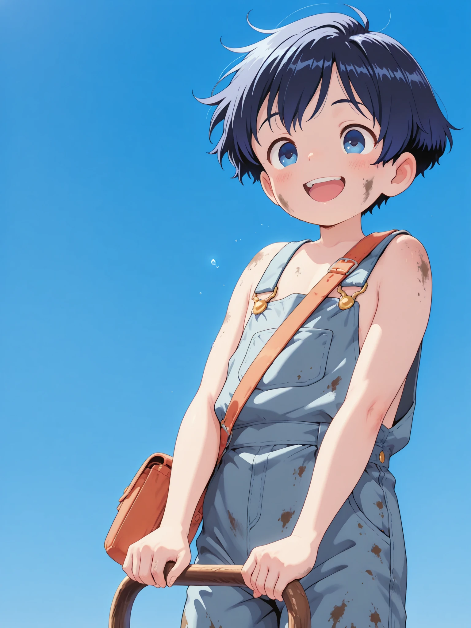 (Blue sky background: 1.3), Solo, Dark blue hair, (Beautiful and detailed blue eyes, Big round eyes, Happy), 1 Toddler Boy, (Handsome and cute), (4 years old), (Dirty blue overalls, One shoulder strap flowing down), (Jumps happily), Dynamic movement, Low angle, Cowboy shot, Perfect anatomy,