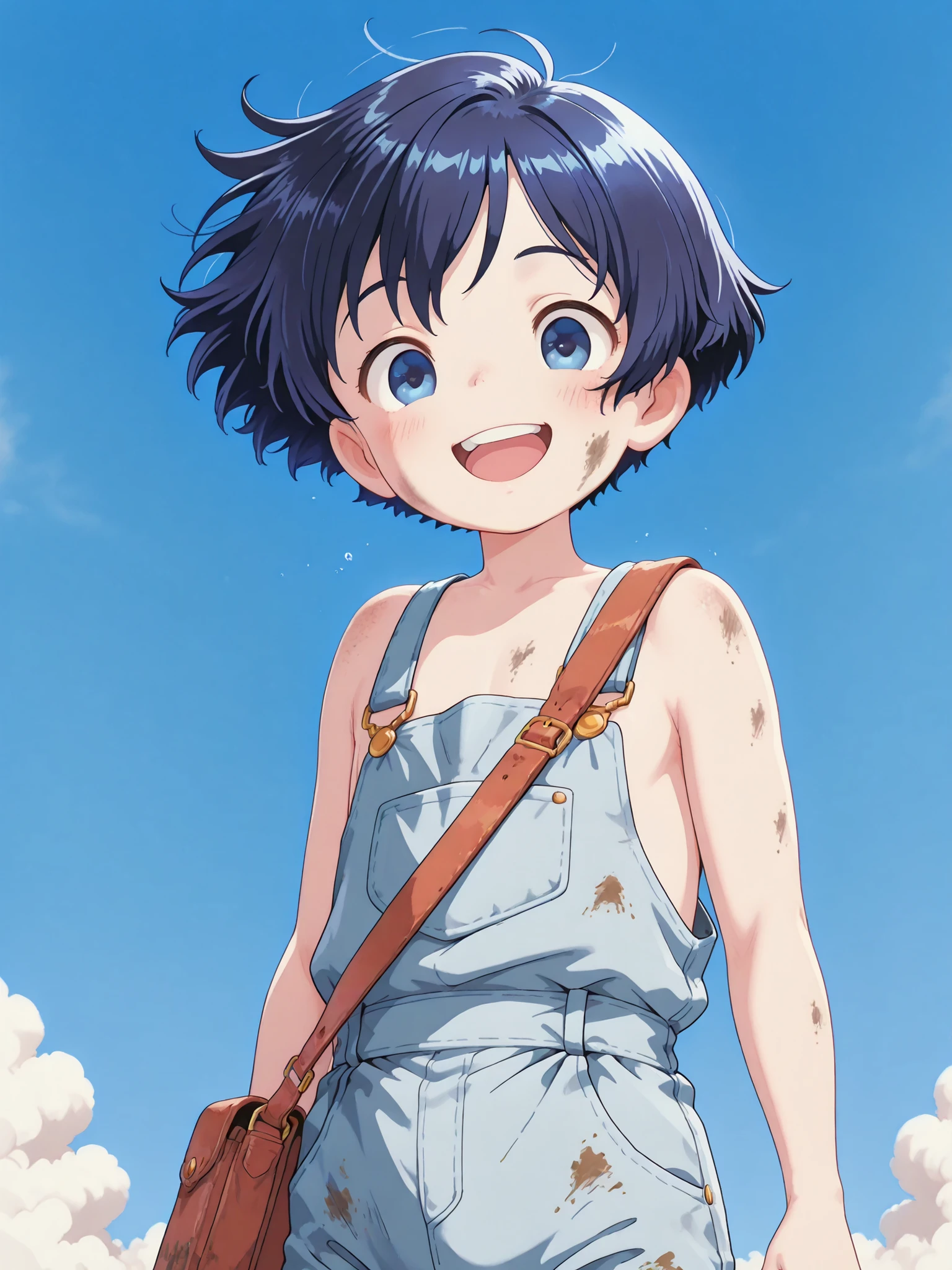 (Blue sky background with small clouds:1.3), Solo, Dark blue hair, (Beautiful and detailed blue eyes, Big round eyes, Happy), 1 Toddler boy, (Handsome and cute), (4 years old), (Dirty blue overalls, One shoulder strap falling down), (Jumps happily), Dynamic movement, Low angle, Looking at viewer, Cowboy shot, Perfect anatomy,