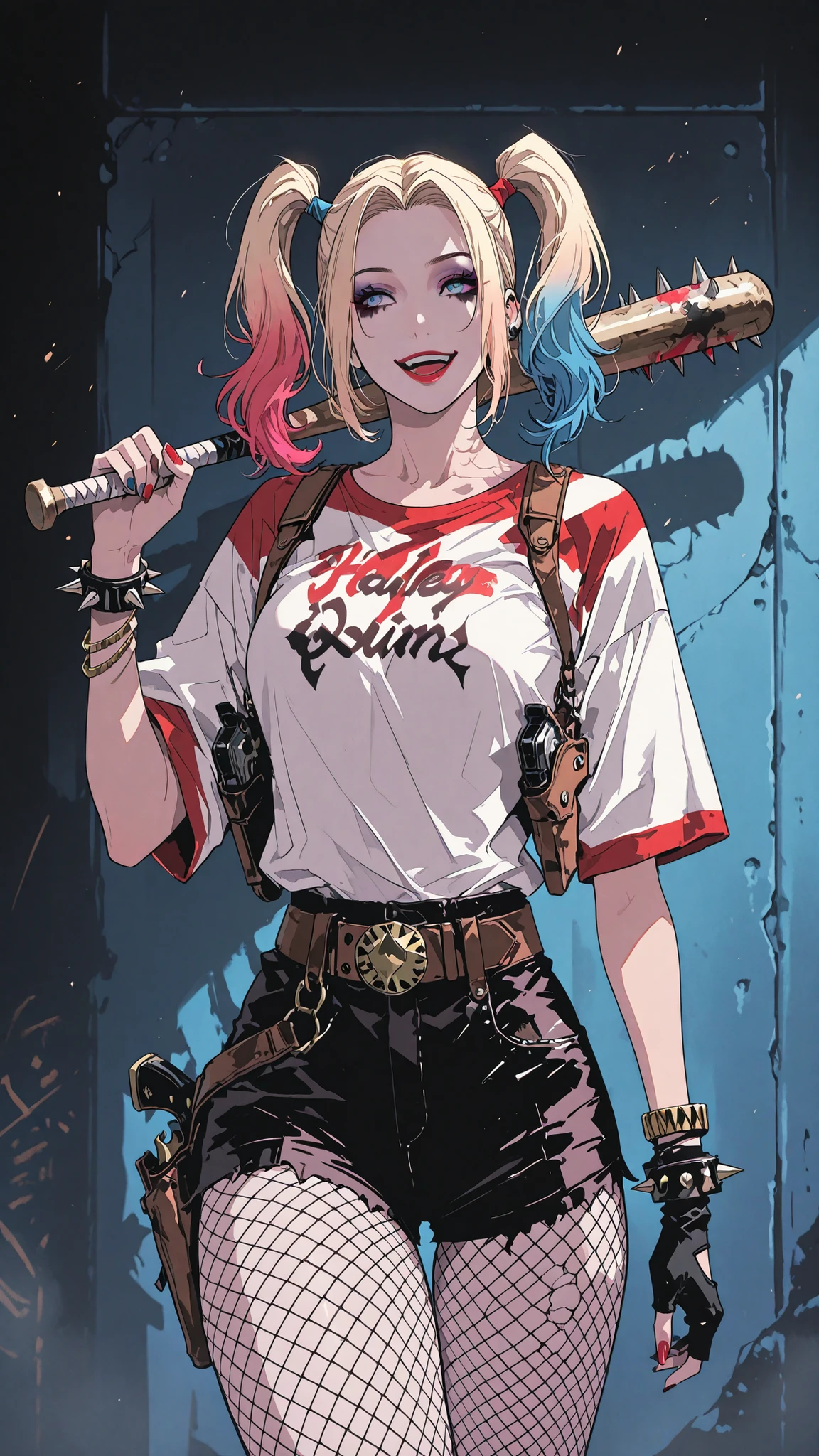 Harley Quinn, 1girl, solo, breasts, smile, open mouth, blue eyes, blonde hair, shirt, gloves, twintails, jewelry, weapon, pantyhose, multicolored hair, shorts, belt, fingerless gloves, nail polish, bracelet, gun, short shorts, makeup, lipstick, fishnets, multicolored clothes, spikes, handgun, eyeshadow, single glove, fishnet pantyhose, holster, spiked bracelet, baseball bat, shoulder holster, solo leveling style