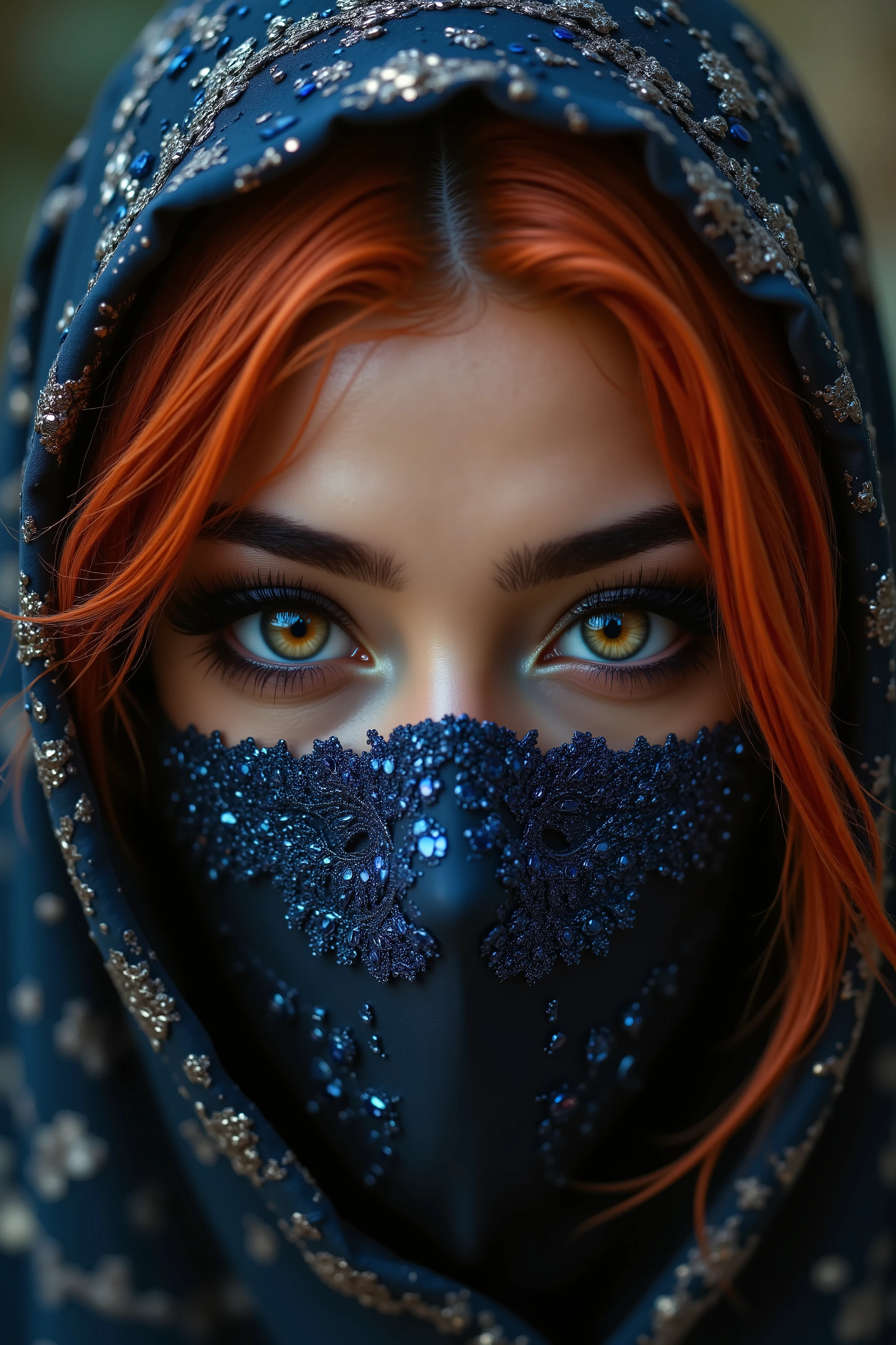 Portrait of an Arab princess, fairy tale image, Fantastic backgrounds, magical atmosphere, [she has a mask and falling fringes (chaining) cover the lower part of the face:1.16], Ultra-realistic (photorealistic Realism), (ultra realistic texture details: velvety skin, hair), [red hair, Intricately details],(Key Directive: - ("The priority is the anatomical accuracy and texture of the materials" - "Ultra-sharp human eyes with biological accuracy") "Eyes: (acid-resistant terminology) (macro-details): * Moist corneal surface (visible aqueous layer:1 . 2) * Hyper-detailed iris stroma (((brown) with gold flecks)) * Precise limbal ring (slightly darker pigmentation:1 . 22) * Pupil micro-texture (irregular edge authenticity:0 . 9) * Vasculature in sclera (subtle red veins radiating from limbus)" - "Lashes: blue individual synthetic fibers (crosshatched roots:1 . 2 , clump-free separation)" Technical Specs: - "Shutter Speed:1/500 (freeze eye micro-movements)" - "Focus Stacking:7-point coverage on iris plane"), (Post-Processing: - "Frequency separation for skin vs eye details" - "Selective sharpening: eyes170% , hair150%" (Avoid: "pupil distortion , uncanny valley asymmetry , plastic-like wetness")