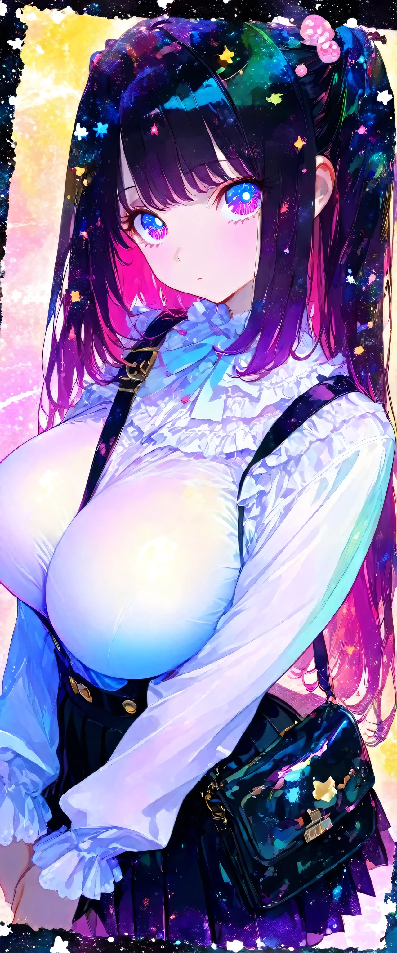 (beautiful girl:1.3),masterpiece,Ultra-high resolution,rich contrast,Very high quality,8k,Highly detailed CG unit wallpaper,Texture,So ridiculous,RAW Photos,Highest quality anime,anime-style illustration,studio anime style,professional photograph,an extremely delicate and beautiful,Depth of written boundary1.2,ultra-detailed eyes,Big eyes,Round eyes,two side up,Black Hair,swept bangs,Curvy Women,(suspender skirt,black),black pleated skirt,(white frilled shirt),long sleeve, bed,slim,(huge breasts:1.8),big and round butt,pale skin,Kawaii decorations,Calm,dynamic angle,backlight,wide,0__11Xx_illu,(pastel colors),,A cute room used by a girl,hugging own legs,upturned eyes,pai-sura, breasts emphasis, slant bag, bag strap passing between breasts,