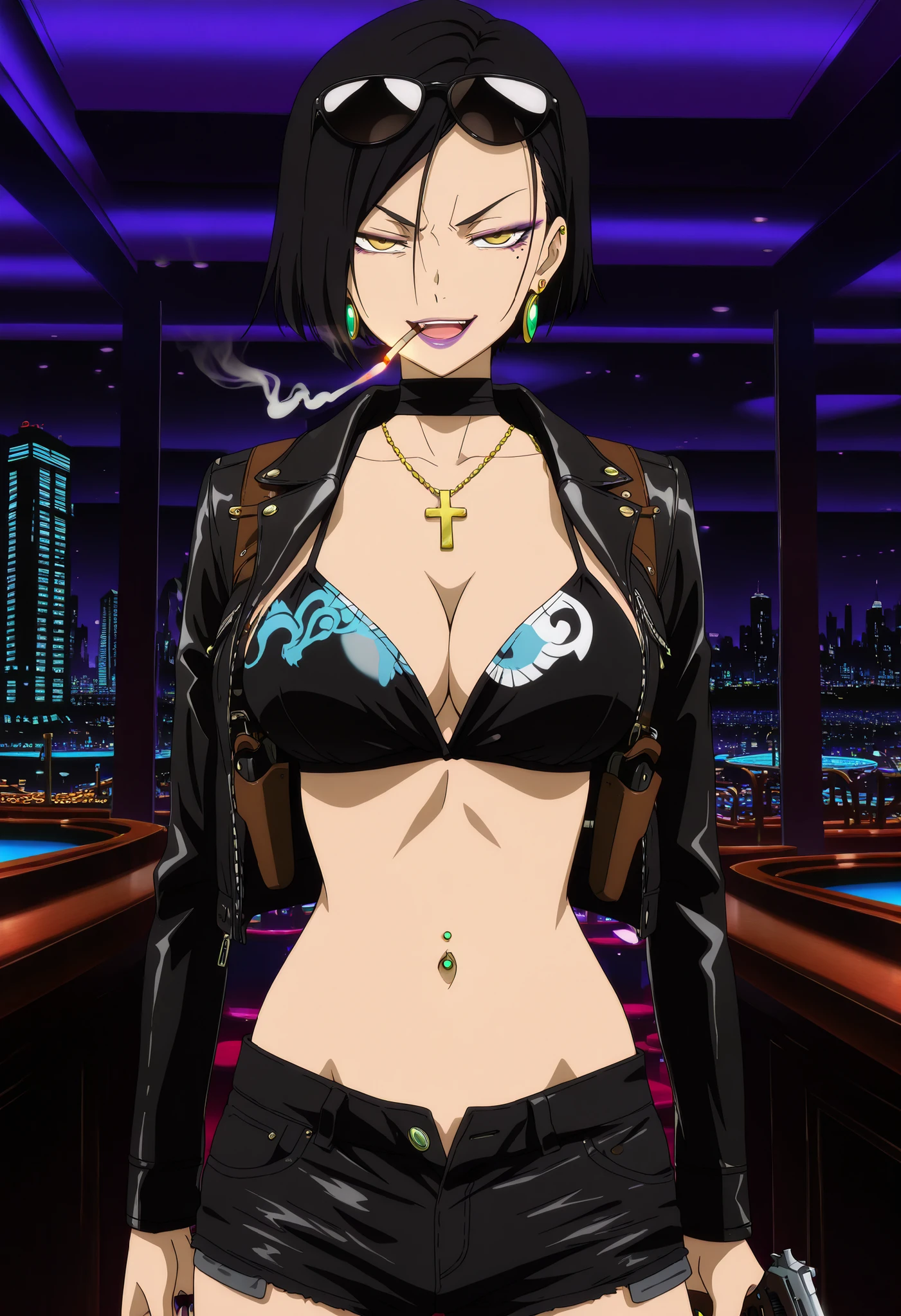 masterpiece, best quality, amazing quality,, aria sanka, short hair, , black hair, mole, mole under eye, makeup, mature female,, anime screencap, , jewelry, earrings, necklace,, lipstick, , slooking at viewer, holding, holding cigarrette, smoking, nail polish , , makeup , ear piercing , , lipstick , Hot girl , baddie , smoking , sensual , attractive , choker , cross necklace , bar background, inside bar, indoors, cityscape, casino, nightclub, city lights,, masterpiece , best quality , highly detailed , a girls with a gun , evil smile , open mouth , gaze , badass pose , evil smile , smile , () , guns blazing , anime girl with long hair , beautiful long haired girl , navel , evil expression , exposed belly , exposed navel , exposed midriff , exposed lower belly , , cleavage , unbuttoned shorts , open fly , shorts , short shorts ,, leather jacket , holding a gun , holding pistol , unbuttoned shirt , collared shirt , knot , pull_down shorts , black short shorts , (show off panties , :1 . 2 , no panties) , zip up leather jacket , top ,,, navel piercing, sunglasses on head,,, shoulder holster, medium , waist dragon tattoo, narrowed eyes, tattoo waist, , anime screencap , anime coloring, looking at viewer , v-shaped eyebrows,