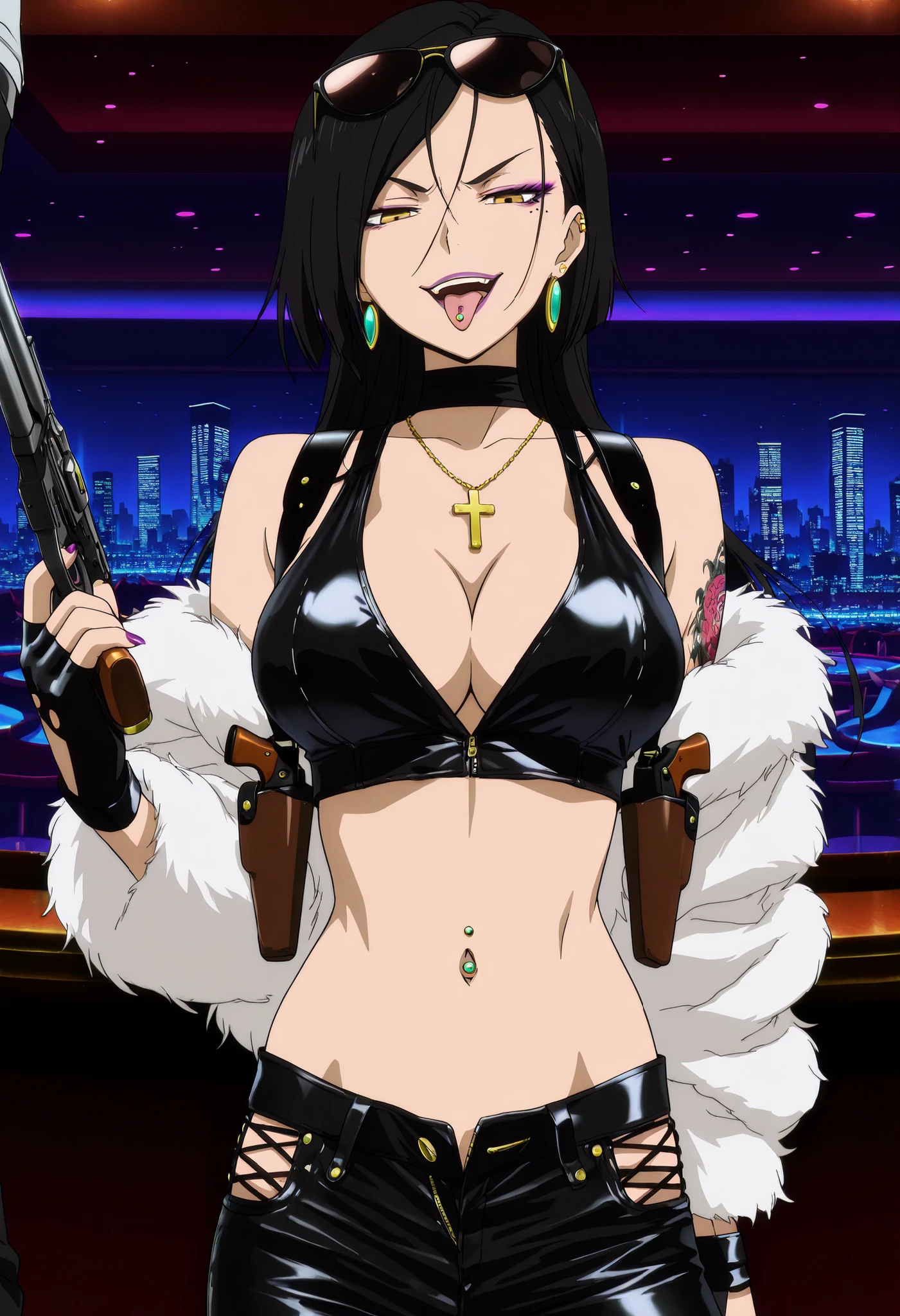 masterpiece, best quality, amazing quality,, aria sanka, short hair, , black hair, mole, mole under eye, makeup, mature female,, anime screencap, , jewelry, earrings, necklace,, lipstick, , slooking at viewer, holding, holding cigarrette, smoking, nail polish , , makeup , ear piercing , , lipstick , Hot girl , baddie , smoking , sensual , attractive , choker , cross necklace , bar background, inside bar, indoors, cityscape, casino, nightclub, city lights,, , fur jacket , shoulders , white fur , , , leather pants , dark brown , fur , side inserts , belt , weapon holder , weapon , fingerless gloves , leather , forearms , sword , short , strapped , belt , cowboy shot , masterpiece , best quality , highly detailed , a girls with a gun , evil smile , open mouth , gaze , badass pose , evil smile , smile , () , guns blazing , anime girl with long hair , beautiful long haired girl , navel , evil expression , exposed belly , exposed navel , exposed midriff , exposed lower belly , long black pants , cleavage , unbuttoned leather pants , open fly , low rise black leather pants , leather jacket , holding a gun , holding pistol , unbuttoned shirt , collared shirt , knot , pull_down leather pants , (show off panties , :1 . 2 , no panties) , pull_down long black pants , pull_down black leather pants , zip up leather jacket , top , navel piercing , cross-laced slit , tongue piercing , tongue out , open mouth , ,, , shoulder holster ,, sunglasses on head , medium , waist dragon tattoo, narrowed eyes, tattoo waist, , anime screencap , anime coloring, looking at viewer , v-shaped eyebrows,