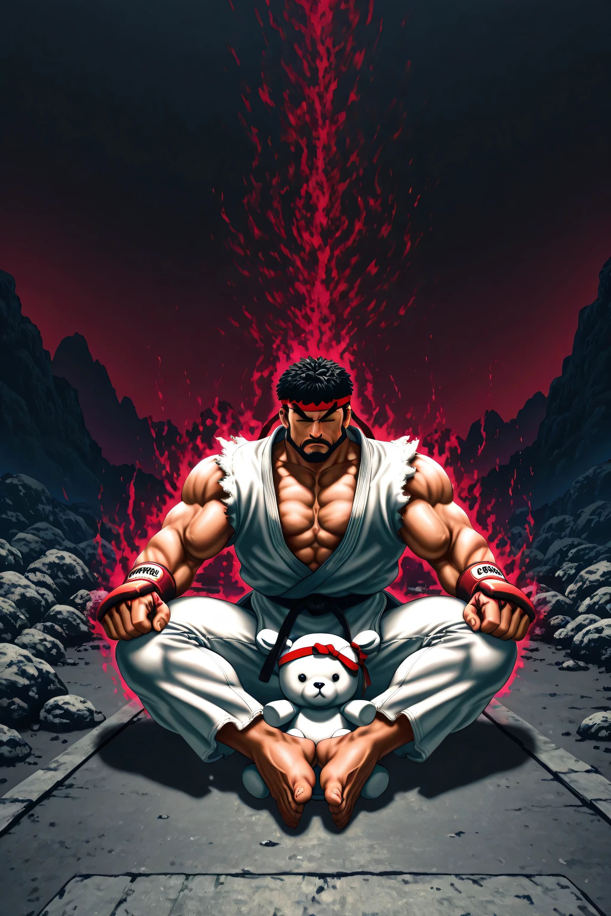 1boy,1Plush Toy ... ((Red dark aura on Ryu's body)).closed eyes,Street fighter Ryu is sitting zazen. practicing Zen meditation.,. A stuffed animal is placed on a man's leg.The atmosphere is austere,Ryu,. Beard. black hair,Ragged white karate uniform. A training place deep in the mountains.big Stuffed animal sitting on leg,Active angle. Dynamic composition,, outdoors. Calm, dark background, Body soiled by training,Pectoral muscles,jockstrap,big bulge