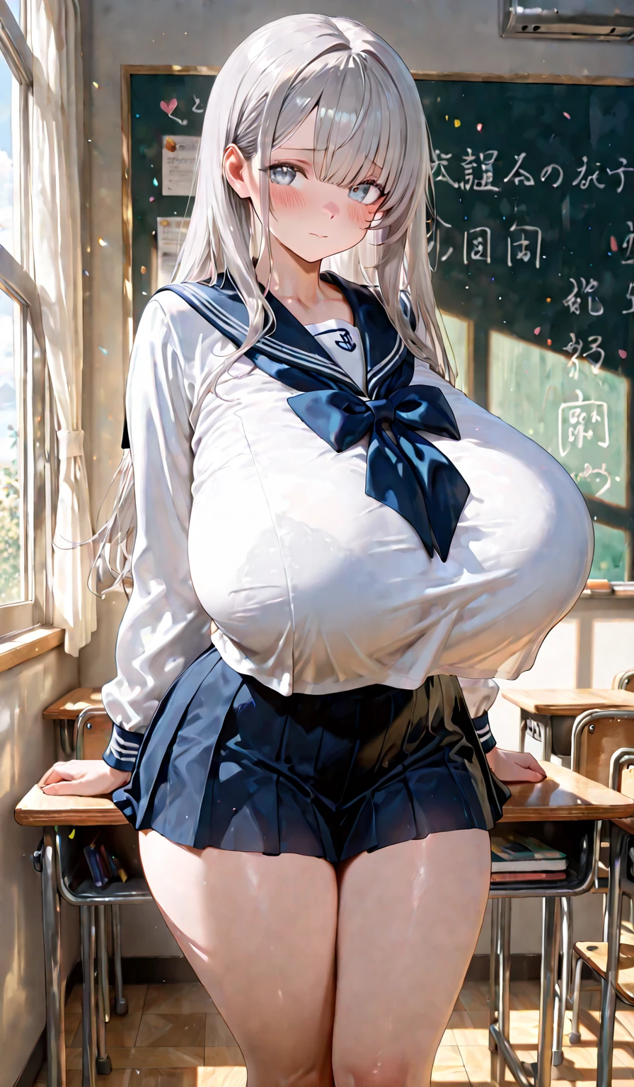 (masterpiece:1.2、Highest quality、Tmasterpiece)、1 female、alone、classroom、Day、(Are standing)、whole body、blonde、ponytail、blue eyes、(Sailor suit:1.4)、(Dark Skin:1.4)、Big Breasts、Long sleeve、corset、Earrings、lipstick、(Fishnet tights:1.2)、Sweaty、choker、Scrunchie、(Extremely short mini skirt)、blush、Covered breasts、Bangs braids、(Thick lips:1.2)