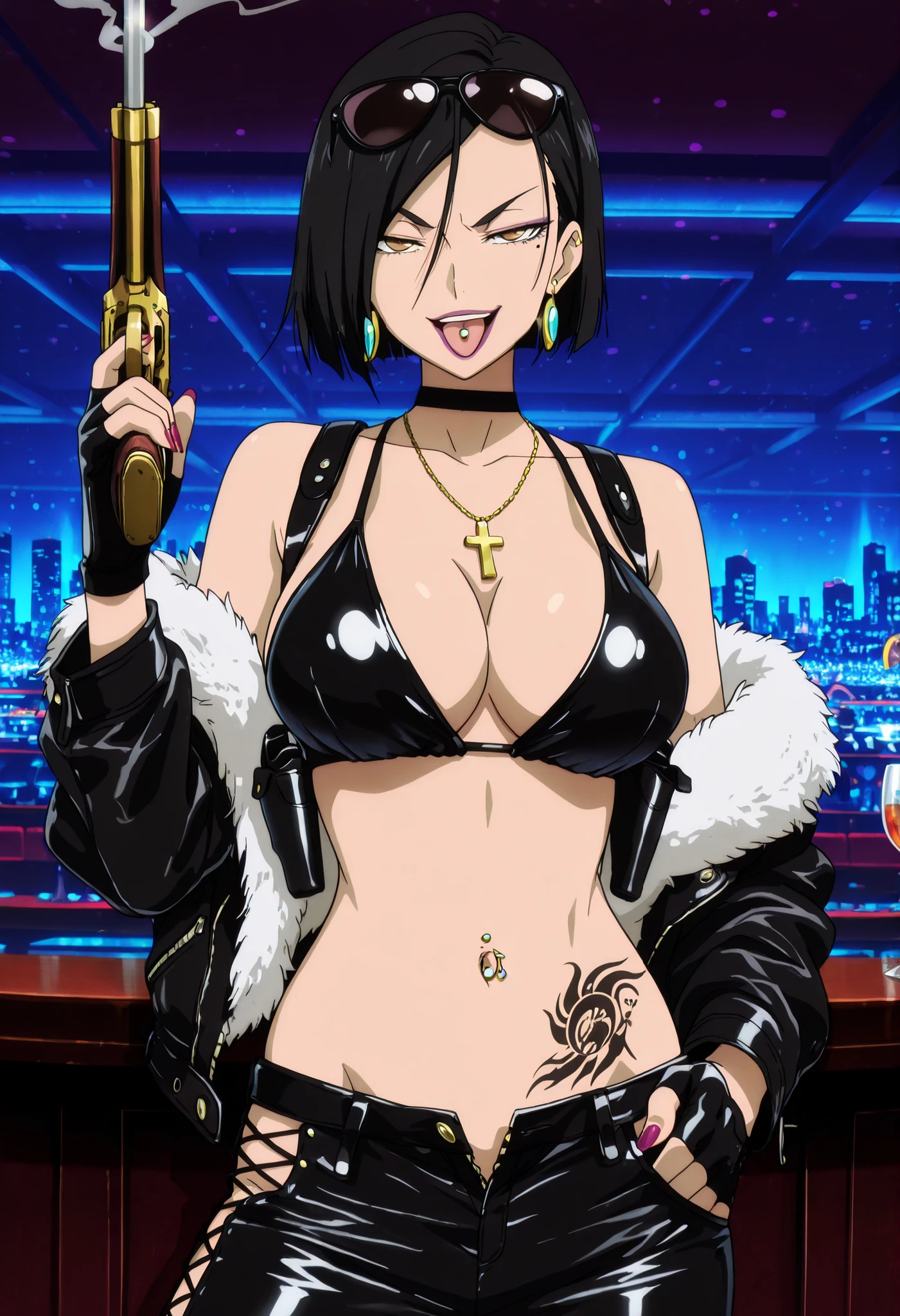 masterpiece, best quality, amazing quality,,  aria sanka, short hair, , black hair, mole, mole under eye, makeup, mature female,, anime screencap, , jewelry, earrings, necklace,, lipstick, ,  slooking at viewer, holding, holding cigarrette, smoking, nail polish , , makeup , ear piercing ,  , lipstick , Hot girl , baddie , smoking , sensual , attractive , choker ,  cross necklace , bar background, inside bar, indoors, cityscape, casino, nightclub, city lights,, , fur jacket ,  shoulders , white fur , , , leather pants , dark brown , fur , side inserts , belt , weapon holder , weapon , fingerless gloves , leather , forearms , sword , short , strapped , belt , cowboy shot , masterpiece , best quality , highly detailed , a girls with a gun , evil smile , open mouth ,  gaze , badass pose , evil smile , smile , ()  , guns blazing , anime girl with long hair , beautiful long haired girl , navel , evil expression , exposed belly , exposed navel , exposed midriff , exposed lower belly , long black pants , cleavage , unbuttoned leather pants , open fly , low rise black leather pants , leather jacket , holding a gun , holding pistol , unbuttoned shirt , collared shirt , knot , pull_down leather pants , (show off panties , :1 . 2 , no panties) , pull_down long black pants , pull_down black leather pants , zip up leather jacket ,  top , navel piercing , cross-laced slit , tongue piercing , tongue out , open mouth ,  ,, , shoulder holster ,, sunglasses on head , medium , waist dragon tattoo, narrowed eyes, tattoo waist, , anime screencap , anime coloring, looking at viewer , v-shaped eyebrows,