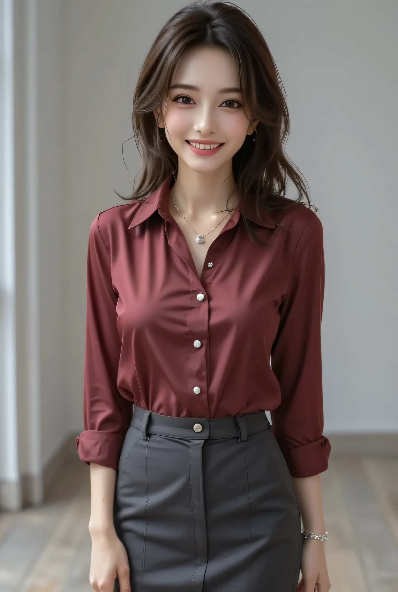 A sophisticated Japanese woman in her early forties. She wears a deep crimson silk blouse, its delicate pearl buttons subtly accentuating her ample bosom with elegance. A charcoal gray tight mini skirt, 20cm above the knee, accentuates her refined silhouette. Her full lips accentuate her intelligent smile. Jet-black hair falls in soft waves around her shoulders, framing porcelain skin. Standing with confident poise in a minimalist gallery, soft lighting casts dramatic shadows across her face. Her intellectually charged gaze meets the viewer's directly, conveying both intellect and sensuality simultaneously.