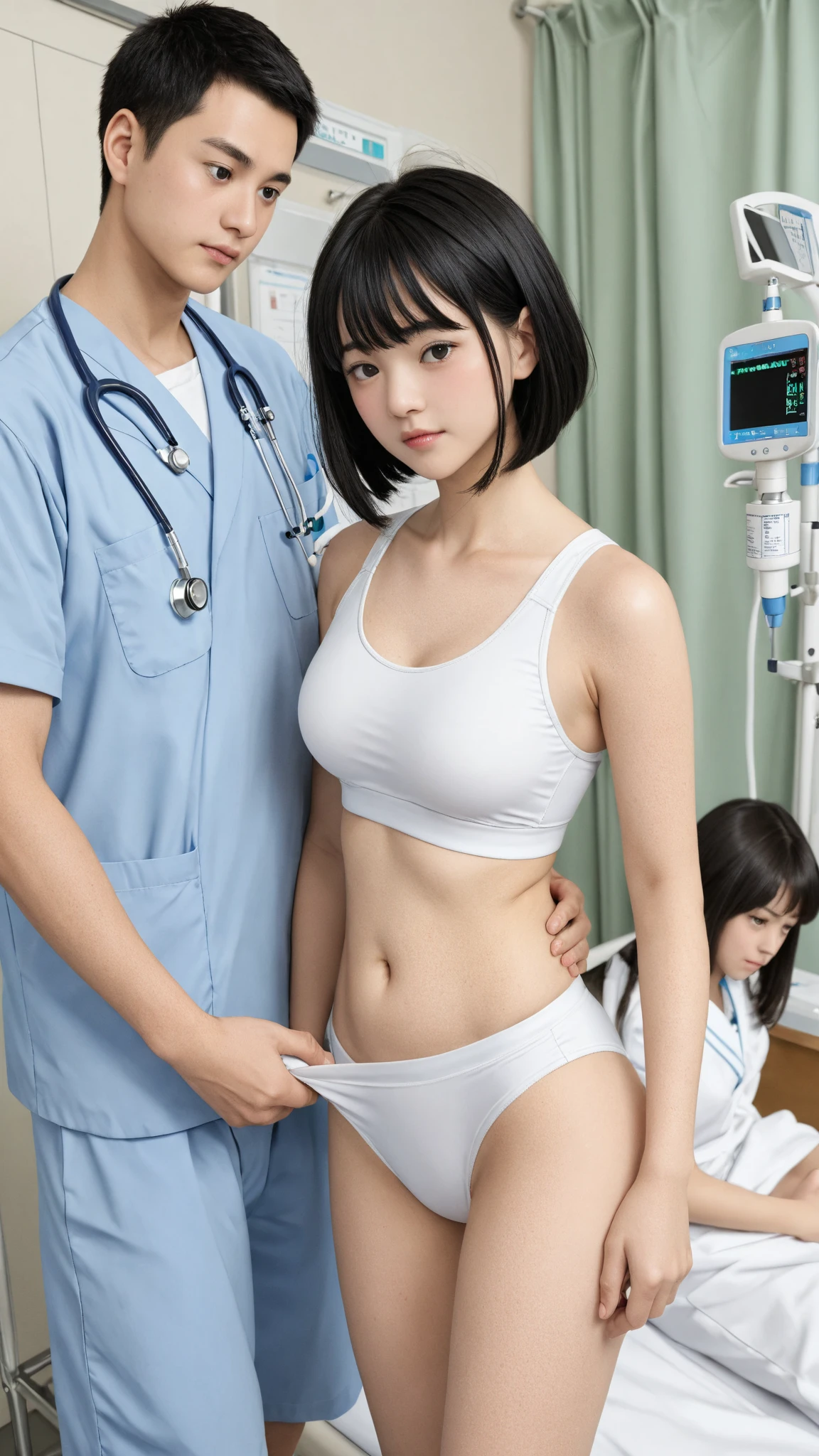 A beautiful Japanese girl with fair skin and angelic features..... She is a teenager、Looks like a slender middle school student. The girl is wearing a ballet costume, tome'a little embarrassing for her. She has a childish appearance with a flat . The stage is a hospital, especially in pediatric wards. The doctor is conducting a medical examination of the girl, Includes  examination. The atmosphere inside the hospital is professional and clean..... The girl is a little nervous about the vaccination she is about to receive..... The artwork is、Must be realistic, Highly detailed photorealistic quality, high resolution render。. Color palette should be soft and pastel, Gives a cute and innocent atmosphere. Lighting should be balanced and natural, Beautifully illuminate the scene.、Show nipples、put on underwear、Underpants１becomes a sheet、Flipping through underwear、Pained look、receive an injection、Hold the knife