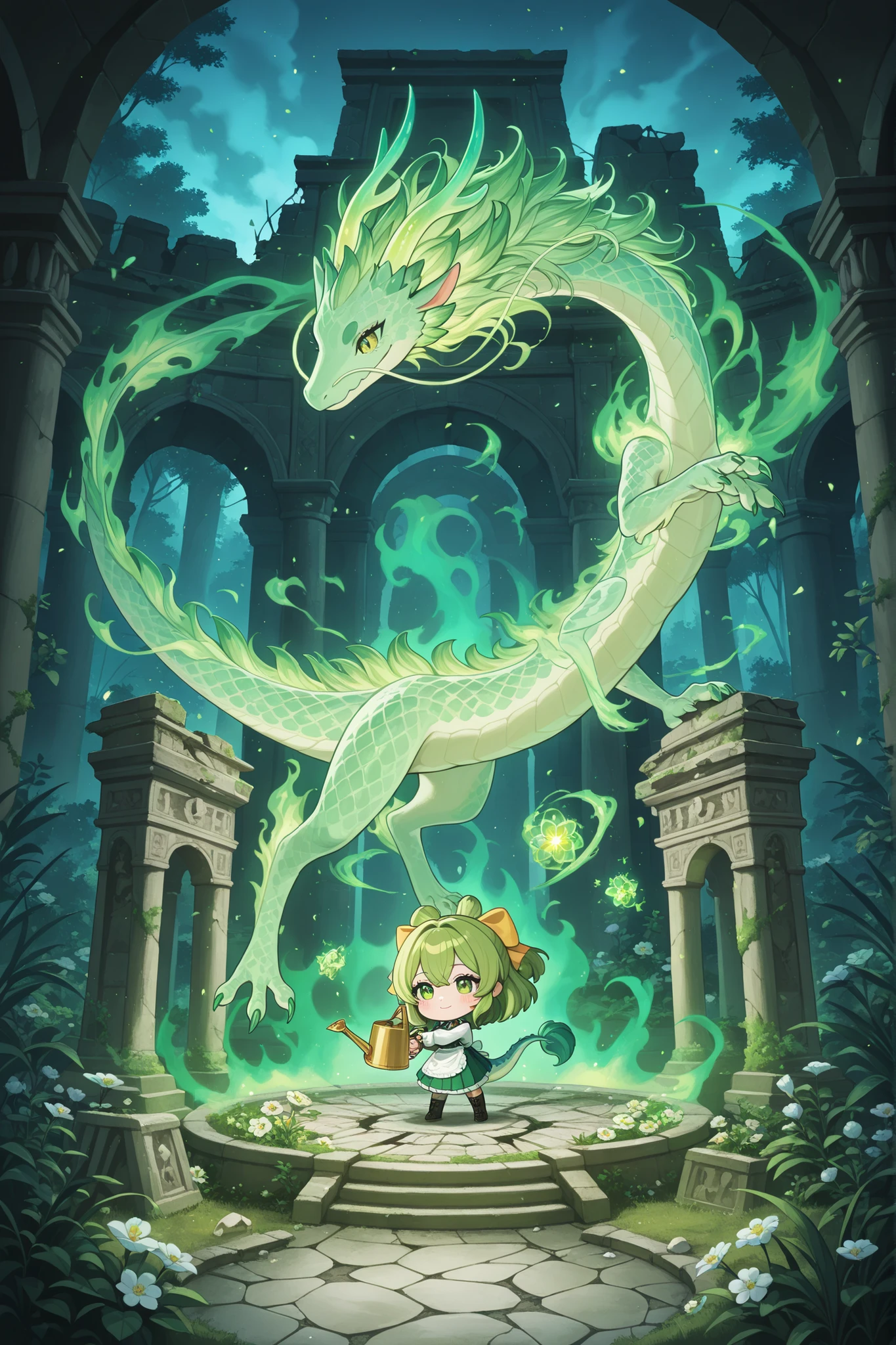 chibi fofa, obra-prima, qualidade superior, high resolution, 32K, ultra HD, absurdres, 1 garota, solo, central composition, corpo pequeno, big round head, rosto redondo, jardineira, bright emerald green eyes, soft flushed cheeks, fluffy emerald green hair with green tips, low Maria-Chiquinha with golden hair ribbons, holding a watering can, ivory-colored dragon horns, ornamentos de jade, sapphire-blue dragon tail, destaques em jade, roupa de jardineira, rustic apron, luvas de jardinagem, regador pequeno, pose fofa, sorriso alegre, Hopeful atmosphere, green magic aura, ancient temple ruins, broken marble pillars, cracked stone paths, lush creepers,  flowers blooming , atmosfera sagrada, raios de sol, old and worn ruins, tall vegetation, she is alone.