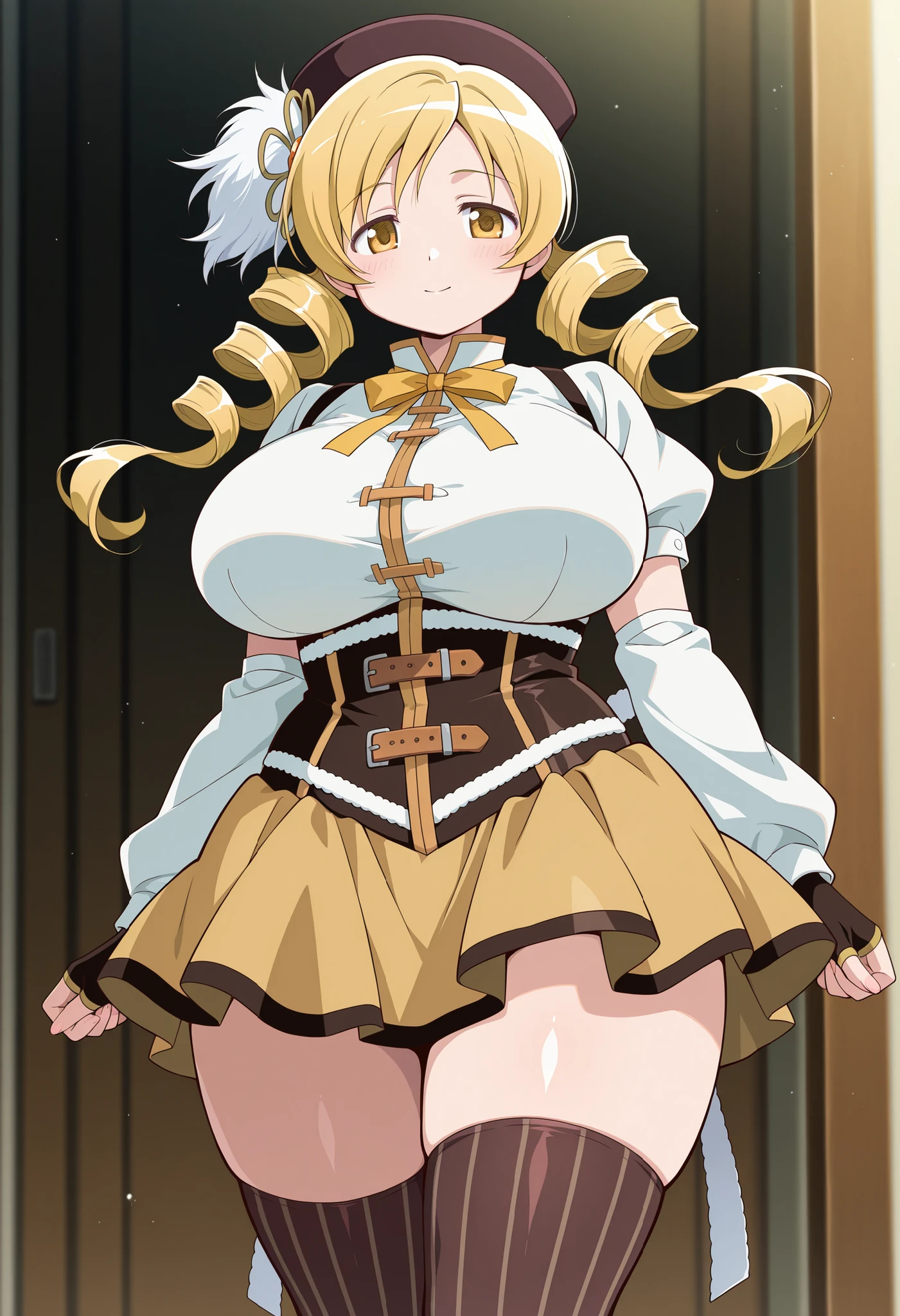 master piece,best quality,high resolution,
beautiful eyes,(1girl:1.2),(solo:1.2),,very aesthetic, absurdres, newest, anime screencap, tomoe mami, yellow eyes, drill hair, twin drills, twintails, long hair, very long hair, blonde hair,huge breasts,wide hip,thick thighs,stocky,chubby, hair ornament, magical girl, brown hat, beret, corset, detached sleeves, puffy sleeves, gloves, ribbon, bow, bowtie, yellow ribbon, miniskirt, pleated skirt, yellow skirt, zettai ryouiki, vertical-striped clothes, vertical-striped thighhighs, brown thighhighs