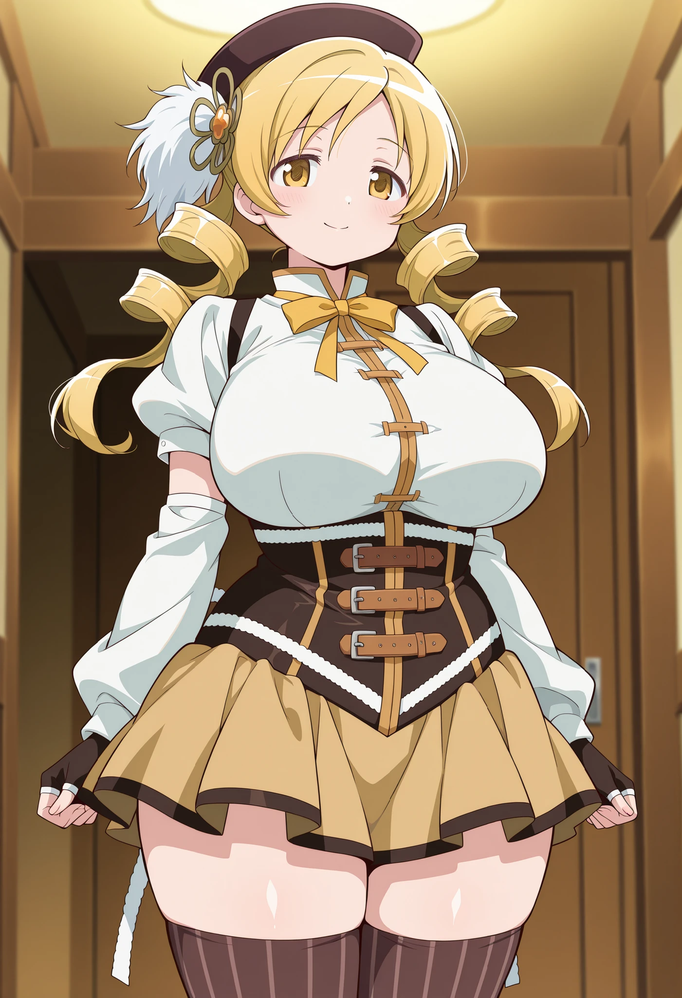 master piece,best quality,high resolution,
beautiful eyes,(1girl:1.2),(solo:1.2),,very aesthetic, absurdres, newest, anime screencap, tomoe mami, yellow eyes, drill hair, twin drills, twintails, long hair, very long hair, blonde hair,huge breasts,wide hip,thick thighs,stocky,chubby, hair ornament, magical girl, brown hat, beret, corset, detached sleeves, puffy sleeves, gloves, ribbon, bow, bowtie, yellow ribbon, miniskirt, pleated skirt, yellow skirt, zettai ryouiki, vertical-striped clothes, vertical-striped thighhighs, brown thighhighs