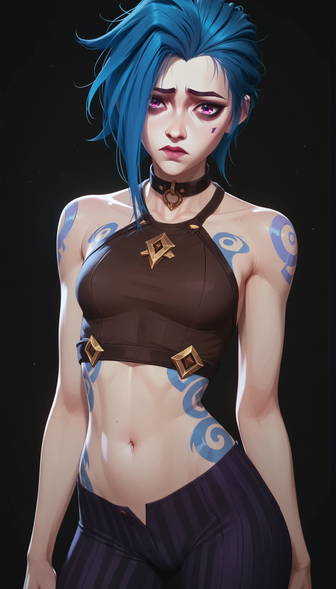 one girl , League of Legends curse , slim body , beautiful waist, buttocks, tight purple striped pants, blue hair , (short hair:1 . 4) , purple eyes , beautiful eyes , (gray skin , pale skin:1 . 3) , blue cloud-shaped tattoos, , dark background , stand in a dark, ruined room, very sexy, erotica, black crop top , (lower chest:1 . 2) , sad , choker , black collar with bullet , black eyeshadow