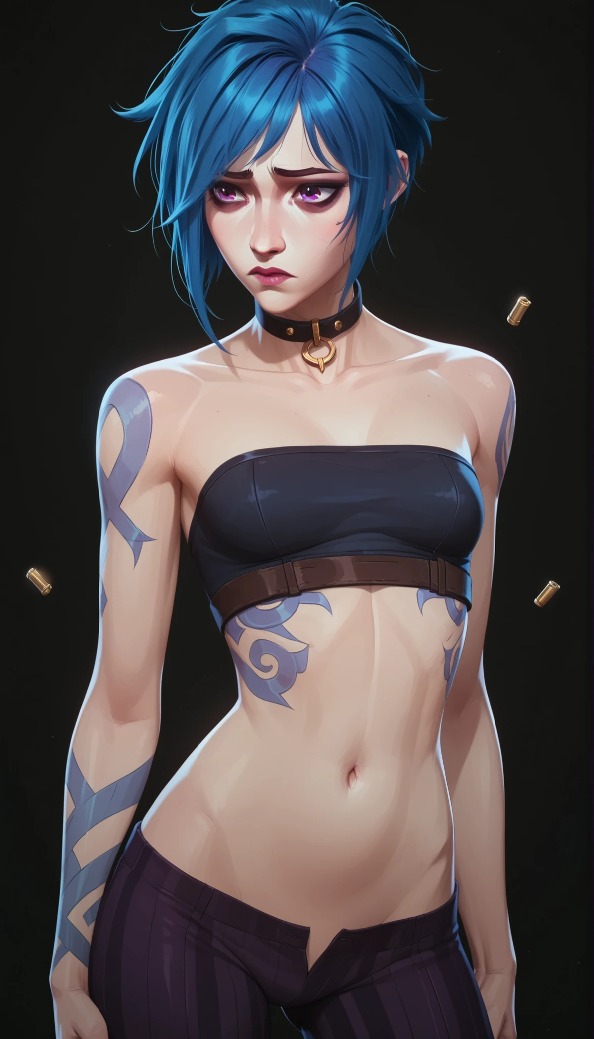 one girl , League of Legends curse , slim body , beautiful waist, buttocks, tight purple striped pants, blue hair , (short hair:1 . 4) , purple eyes , beautiful eyes , (gray skin , pale skin:1 . 3) , blue cloud-shaped tattoos, , dark background , stand in a dark, ruined room, very sexy, erotica, black crop top , (lower chest:1 . 2) , sad , choker , black collar with bullet , black eyeshadow