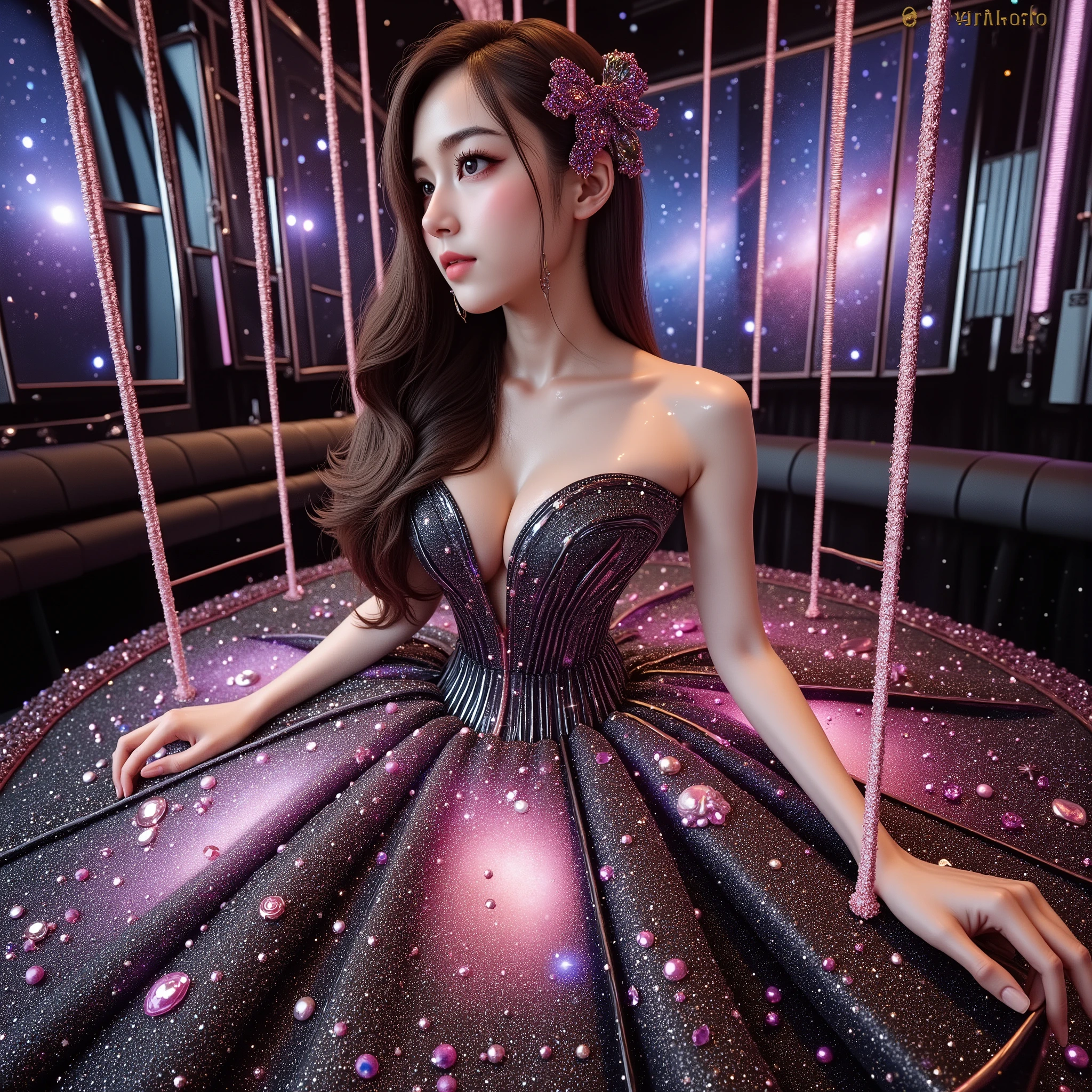 A beautiful Asian idol girl with white skin, douyin-style makeup face, eyelashes, With fake giant breasts, blue eyes, wearing a tight strapless dress that presses the breasts, with a sexy and slim body, a small waist, sitting in space, UHD, luxurious dress, a dress decorated with pearls, diamonds, jewels, and flowers, a dress emitting light, the most elegant and extraordinary dress, a fantasy dress, a beautiful digital artwork, a beautiful fantasy empress, wearing a strapless dress made of beads and carbon fiber, a photo with very sharp details, the best quality: 1.2),, (8k, high resolution, RAW photo, realistic, photo-realistic: 1.3), (detailed skin texture, detailed fabric texture, detailed element texture, exquisite detailed face: 1.25), professional lighting, photon mapping, beautiful soft light, radiosity, physically based rendering, raytracing, model shooting style, model shooting style, (highly detailed 8k unity CG Wallpaper), the most beautiful artwork in the world. (Body Navel) (chest push up)