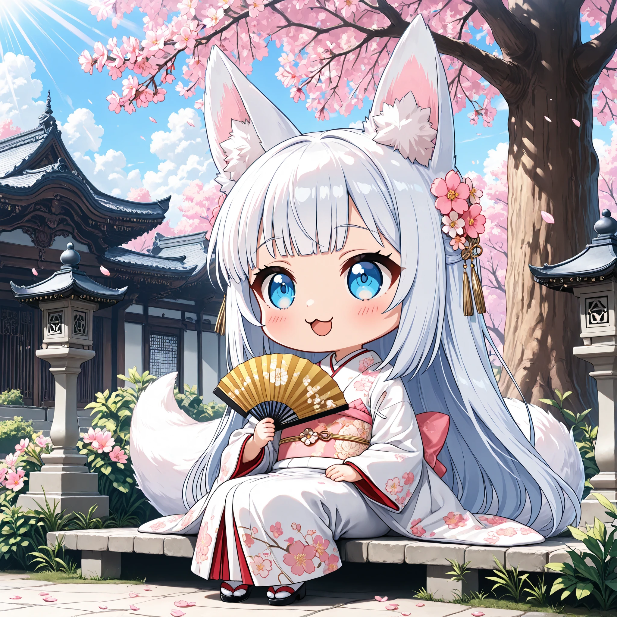 ((Masterpiece)),((best quality)),((incredibly absurdres)),((8K)),(anime style),
(1 chibi girl),((Deformed chibi)),(anime chibi),(solo),white hair,long hair,straight hair,blue eyes,baby face,cute,kawaii,BREAK (white fox tail),fluffy tail,(white fox ears),pink inner ear,(white inner ear hair),
(:3),open mouth-wide,facing ahead,BREAK
a graceful Edo period princess, wearing a luxurious white and light blue ornate kimono with layered fabrics and elegant floral patterns, delicate kanzashi hair ornaments with flowers, holding a luxurious decorative folding fan adorned with golden details and floral patterns gently in front of her mouth, refined and pure expression with a shy elegant charm, sitting gracefully in a Japanese castle garden, under a clear blue daytime sky, surrounded by traditional stone lanterns, pine trees, and blooming cherry blossoms, soft gentle cherry blossom petals drifting in the air, soft sunlight rays filtering through cherry blossoms, cinematic lighting, elegant and cute, noble and serene atmosphere, masterpiece, ultra-detailed, high quality,
sitting,
full body,from front,black outline,bold,