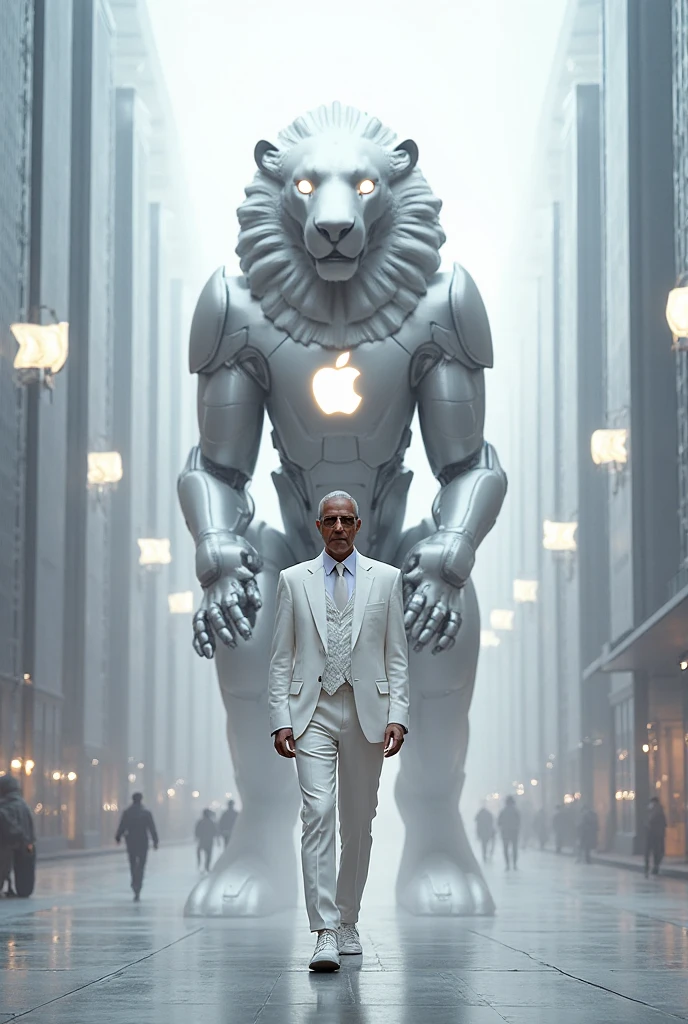 Apple – Tim Cook A futuristic city street lined with sleek, silver ...