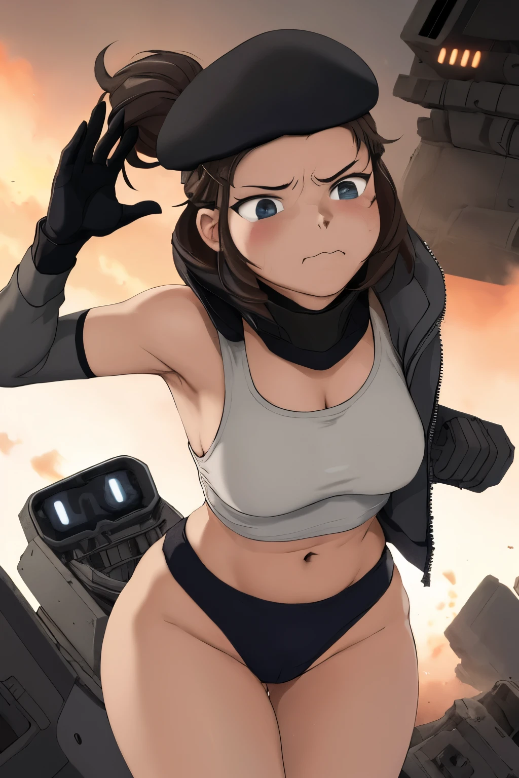 masterpiece , best quality, highres ,1girl,black long hair ,Angry face , beret, blue eyes, black gymnastics bloomers,high leg,self wedgie , flat chest , sleeveless,Victorian blouse, gloves, ultra detailed , Standing, (masterpiece, best quality, anime style, realistic military theme, tactical movement), girl in modified modern military uniform, tactical jacket and black gymnastics bloomers,high leg ,self wedgie,with armor pads, equipped with assault rifle held at the ready, moving alongside a modern main battle tank, dust and debris in the air, crouched or low-running posture, alert expression, helmet with headset and goggles, utility belt and combat boots, battlefield background with smoke, destroyed buildings, spent shells, cinematic lighting and war atmosphere
wearing a black gymnastics bloomers,high leg ,self wedgie,vomiting blood,squating,explosion,vomiting blood,arched back