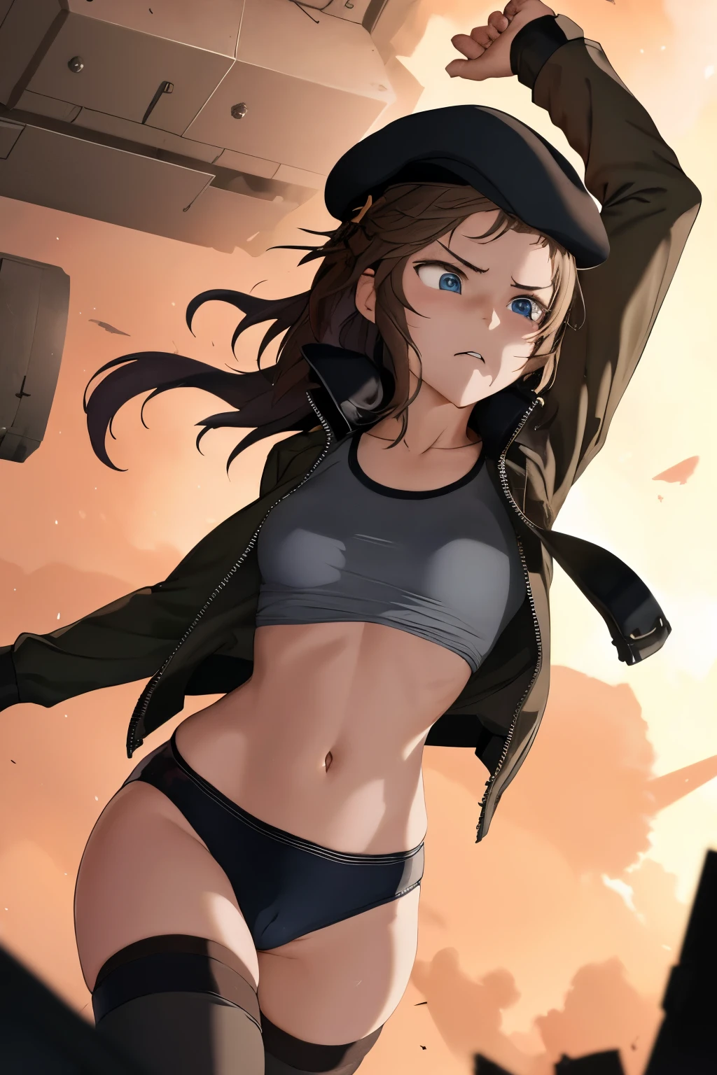 masterpiece , best quality, highres ,1girl,black long hair ,Angry face , beret, blue eyes, black gymnastics bloomers,high leg,self wedgie , flat chest , sleeveless,Victorian blouse, gloves, ultra detailed , Standing, (masterpiece, best quality, anime style, realistic military theme, tactical movement), girl in modified modern military uniform, tactical jacket and black gymnastics bloomers,high leg ,self wedgie,with armor pads, equipped with assault rifle held at the ready, moving alongside a modern main battle tank, dust and debris in the air, crouched or low-running posture, alert expression, helmet with headset and goggles, utility belt and combat boots, battlefield background with smoke, destroyed buildings, spent shells, cinematic lighting and war atmosphere
wearing a black gymnastics bloomers,high leg ,self wedgie,vomiting blood,squating,explosion,vomiting blood,arched back