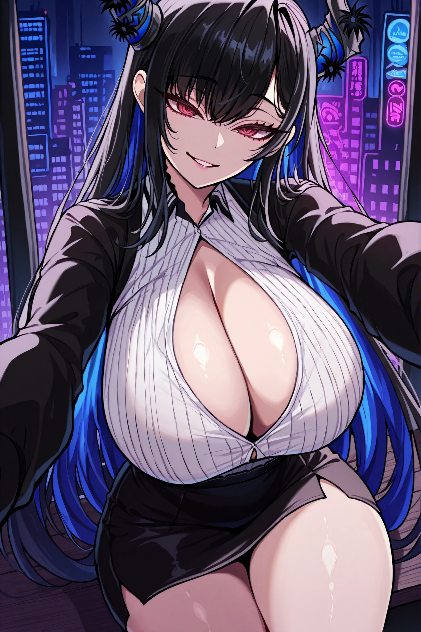 masterpiece, best quality, newest, absurdres, highres, 1girl, solo, qncypt, red eyes, ringed eyes, black hair with blue highlights, hair between eyes, long hair, huge breasts, cleavage, thick thighs, pov, sitting, dark, darkness, night, dark theme, neon theme, outdoors(neon city), bar, leaning, looking at viewer, wide eyes, parted lips, thighs, sitting, has black horns, wears a white shoulderless shirt, black sleeves, black short skirt, Nerissa Ravencroft, seductive smirk.