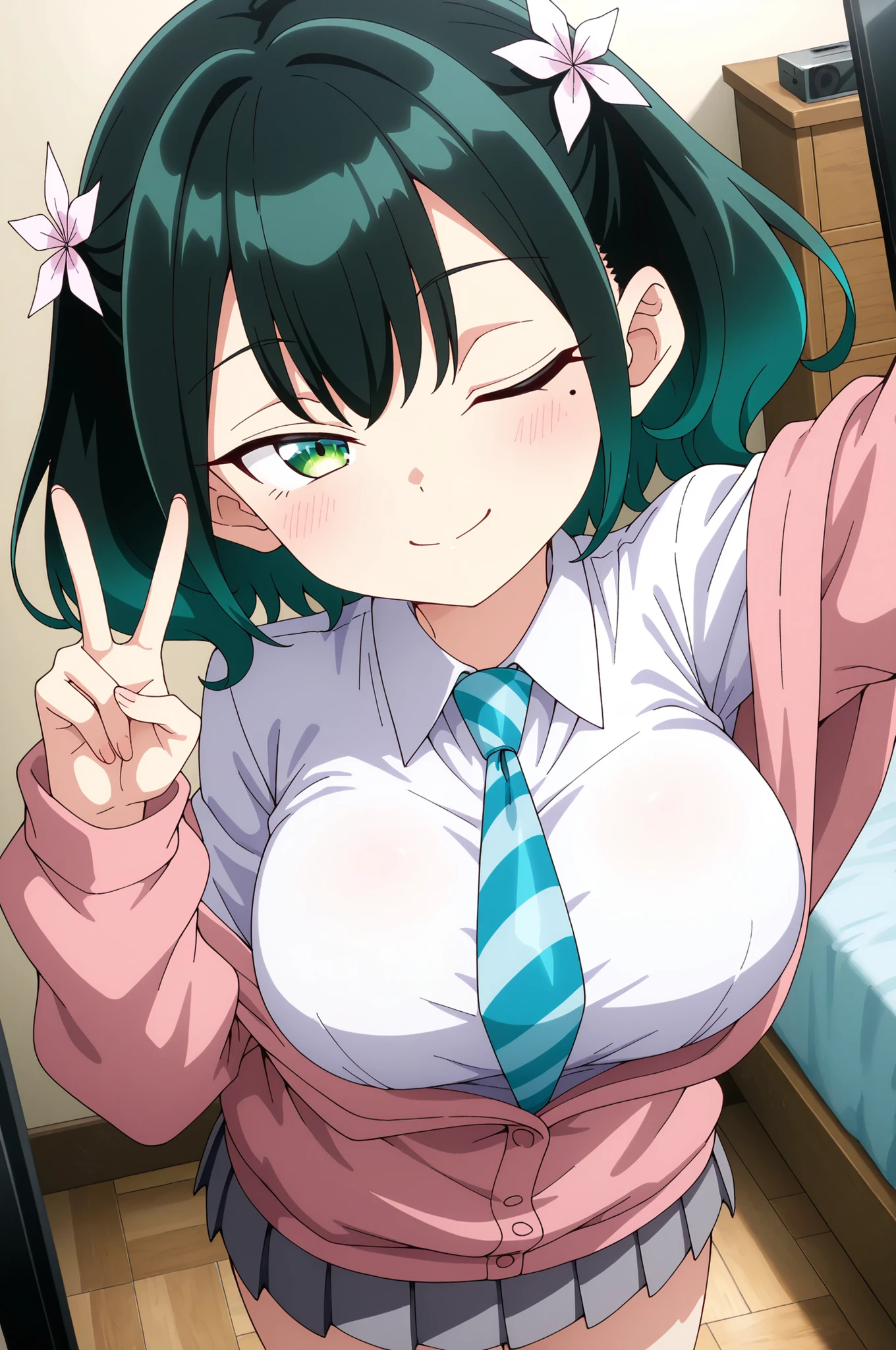 nsfw,Rura Ruriha,selfie,teen,Solo,big breasts,naughty face,closed mouth,peace,wink,green hair,black hair, hair flower,hair ornament,flower,necktie,mole,mole under eye,white shirt,collared shirt,pink cardigan,striped necktie,off shoulder,cardigan,blue necktie,long sleeves,gray skirt,pleated skirt.diagonal-striped clothes,bedroom,masterpiece,natural Light,
