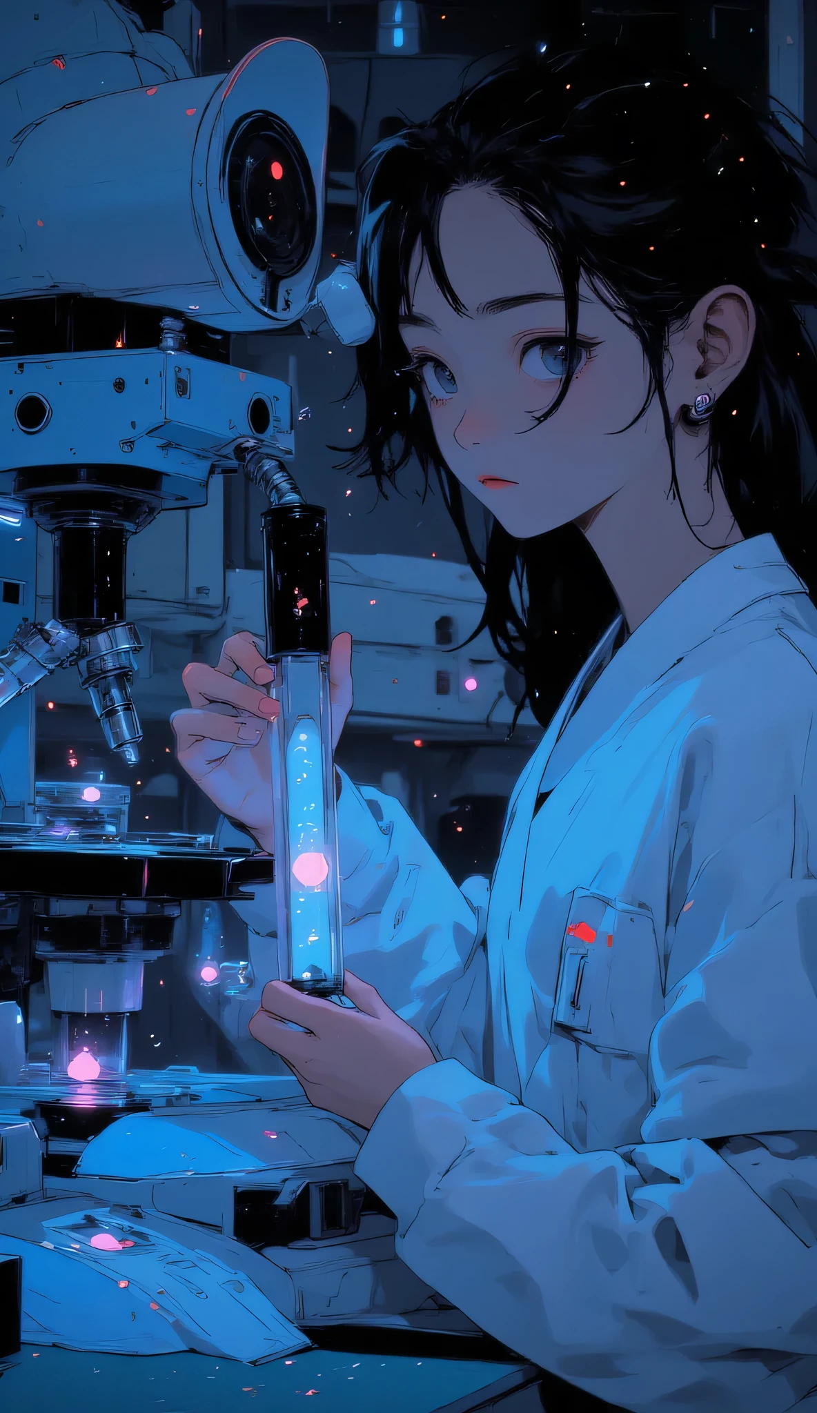 A scientist in a laboratory holding a normal syringe filled with glowing experimental liquid, carefully placing it near a glass slide under a futuristic digital microscope, close-up view shows human cells magnified on the screen, nuclei glowing and beginning to distort, viral particles faintly visible spreading between the cells.