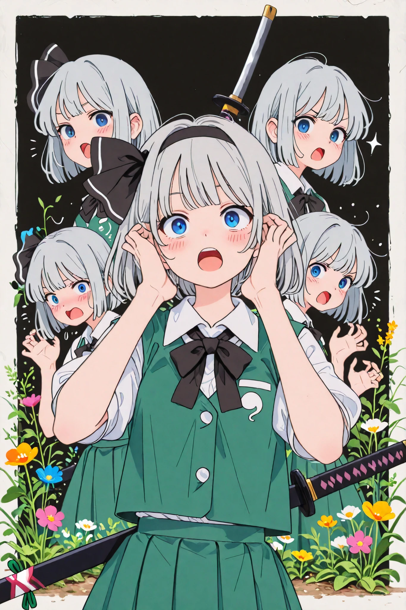 {{{konpaku youmu}}},(touhou),(1 girl),
Race and Gender: Demi-spirit/ female
Age : not clear(The young man's appearance)
Physical Characteristics: slender and graceful figure、gray hair shortcut ,small build,
Main color: white
Sub Color: green
illustration style: Japanese anime style
Hairstyle and hair color: short cut gray hair、part of the hair is fastened with a green ribbon
garments: green vest with white blouse、skirt is black
Accessory 1: green ribbon
Accessory 2: Japanese sword,
expression: surprised,open one's mouth,
posing: Surprised pose,Flustered pose,
Situation: Overgrown garden,Colorful flowers,Weeds,Japanese-style background,close up,Wandering spirits,