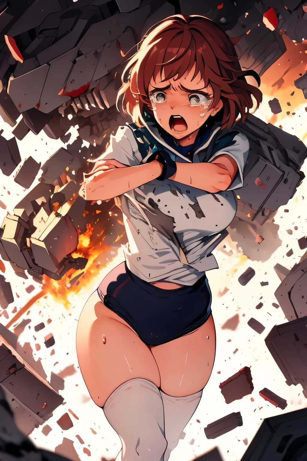 cockpit_explosion, fire, electricity, screaming, explosion, science fiction, wide-eyed, tearing clothes, standing, blood, scared, sweat, crying, mecha, torn clothes, tears, cockpit,1girl、wearing black gymnastics bloomers,high leg,white blouse,cowboy shot,self wedgie,bloomers pull myself